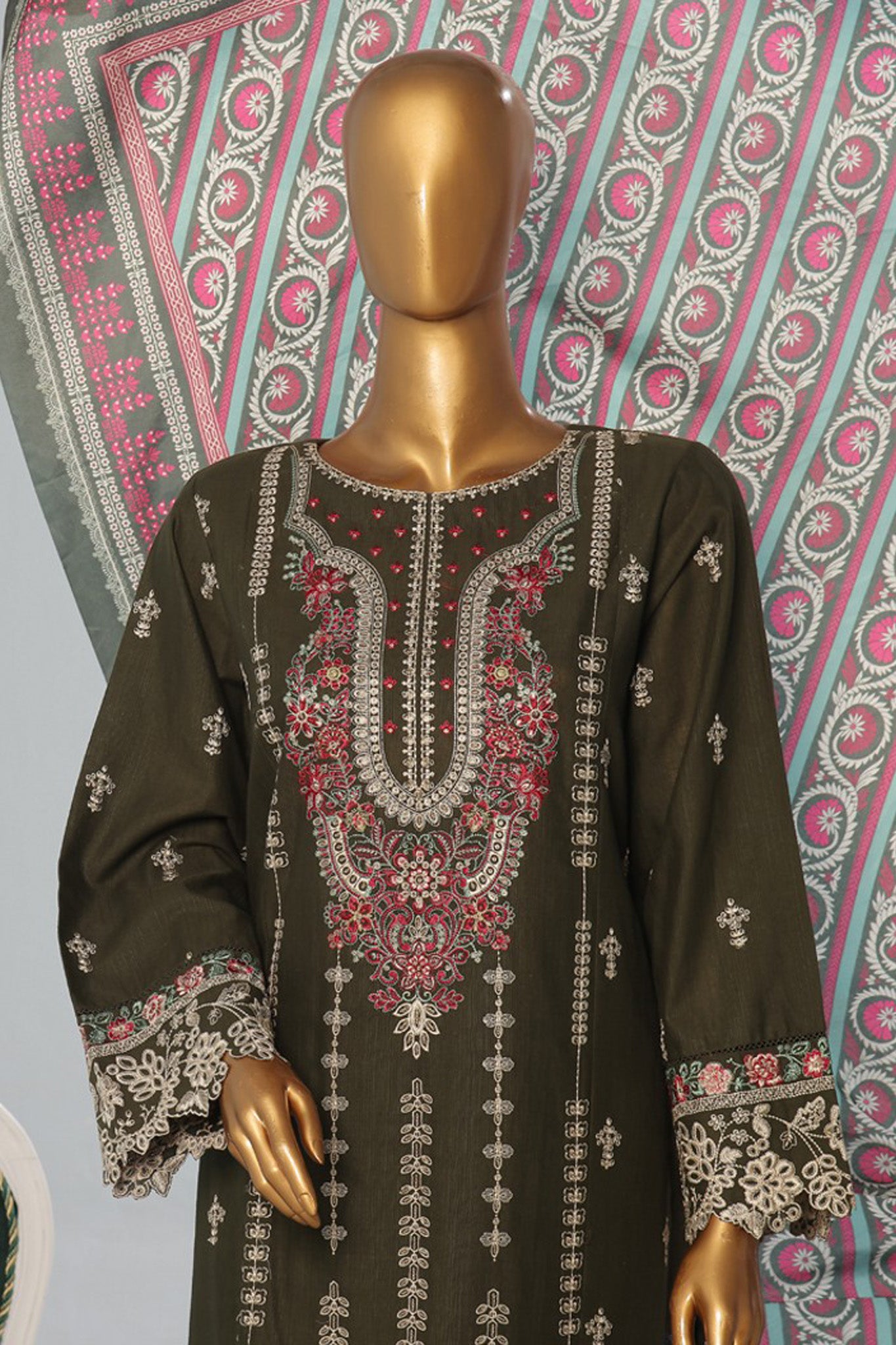 Bin Saeed Stitched 3 Piece Luxury Emb Khaddar With Shawl Collection'2024-WKK-1211-Mehndi