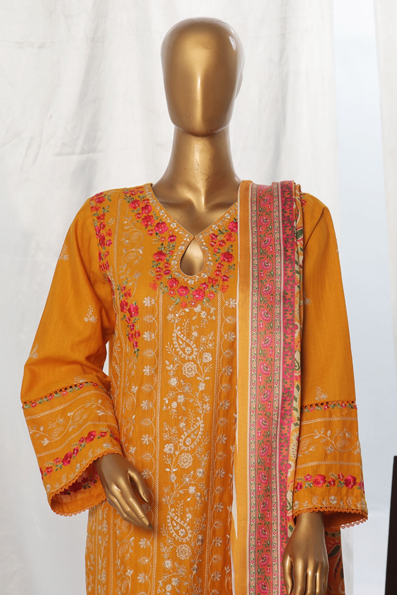 Bin Saeed Stitched 3 Piece Exclusive Slub Emb Khaddar Vol-03 Collection'2024-WKK-1279-Yellow