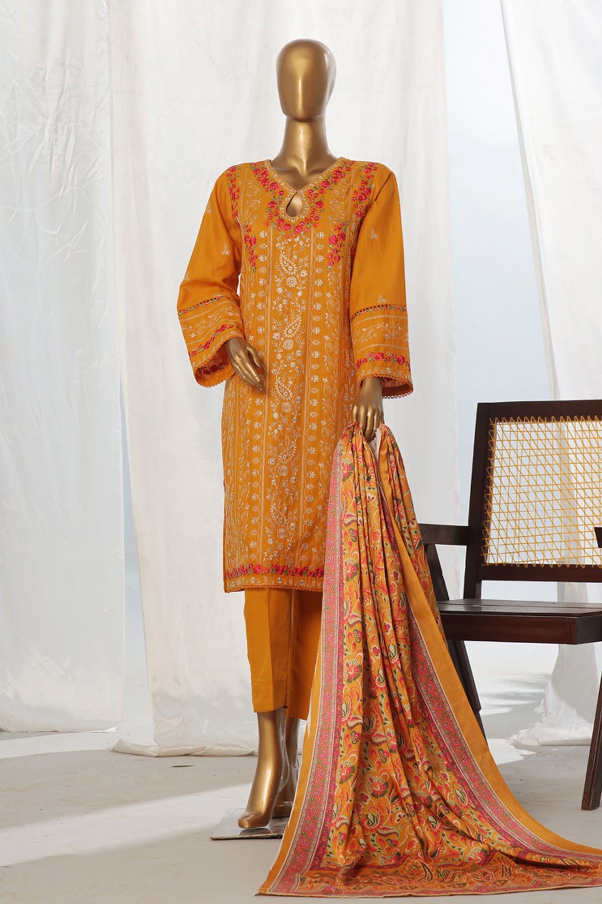 Bin Saeed Stitched 3 Piece Exclusive Slub Emb Khaddar Vol-03 Collection'2024-WKK-1279-Yellow