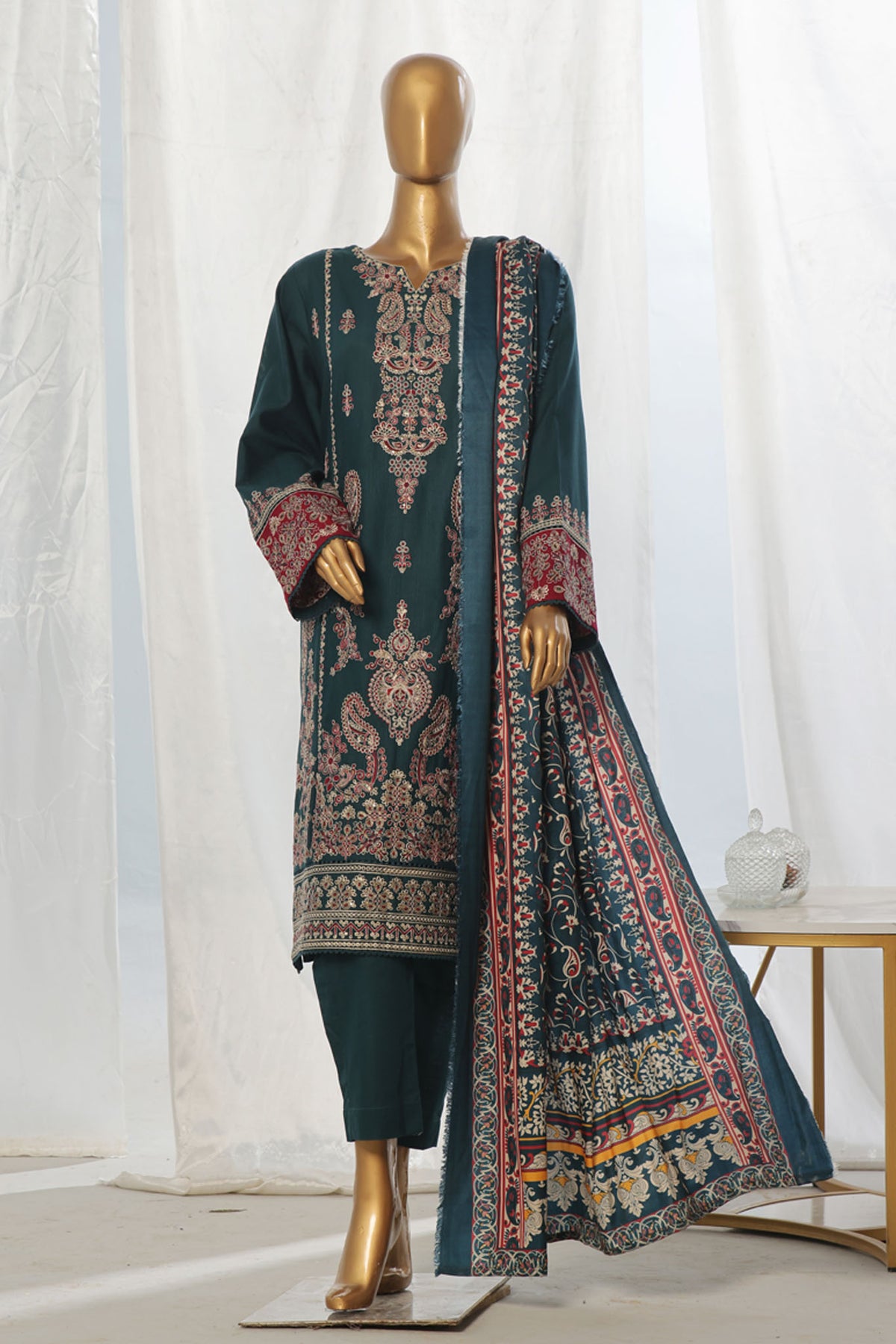 Bin Saeed Stitched 3 Piece Exclusive Slub Emb Khaddar Vol-03 Collection'2024-WKK-1280-Green