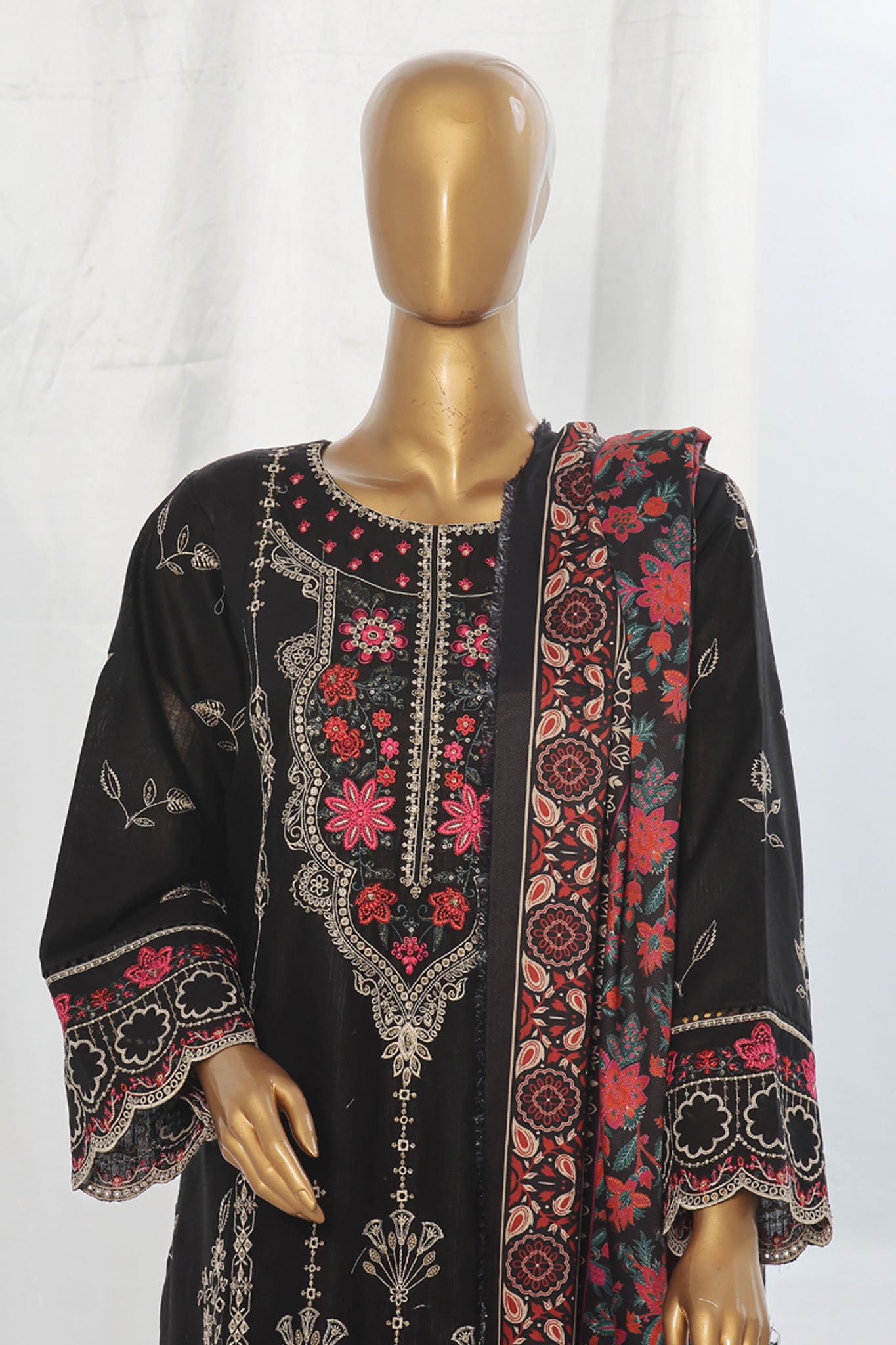 Bin Saeed Stitched 3 Piece Exclusive Slub Emb Khaddar Vol-03 Collection'2024-WKK-1281-Black