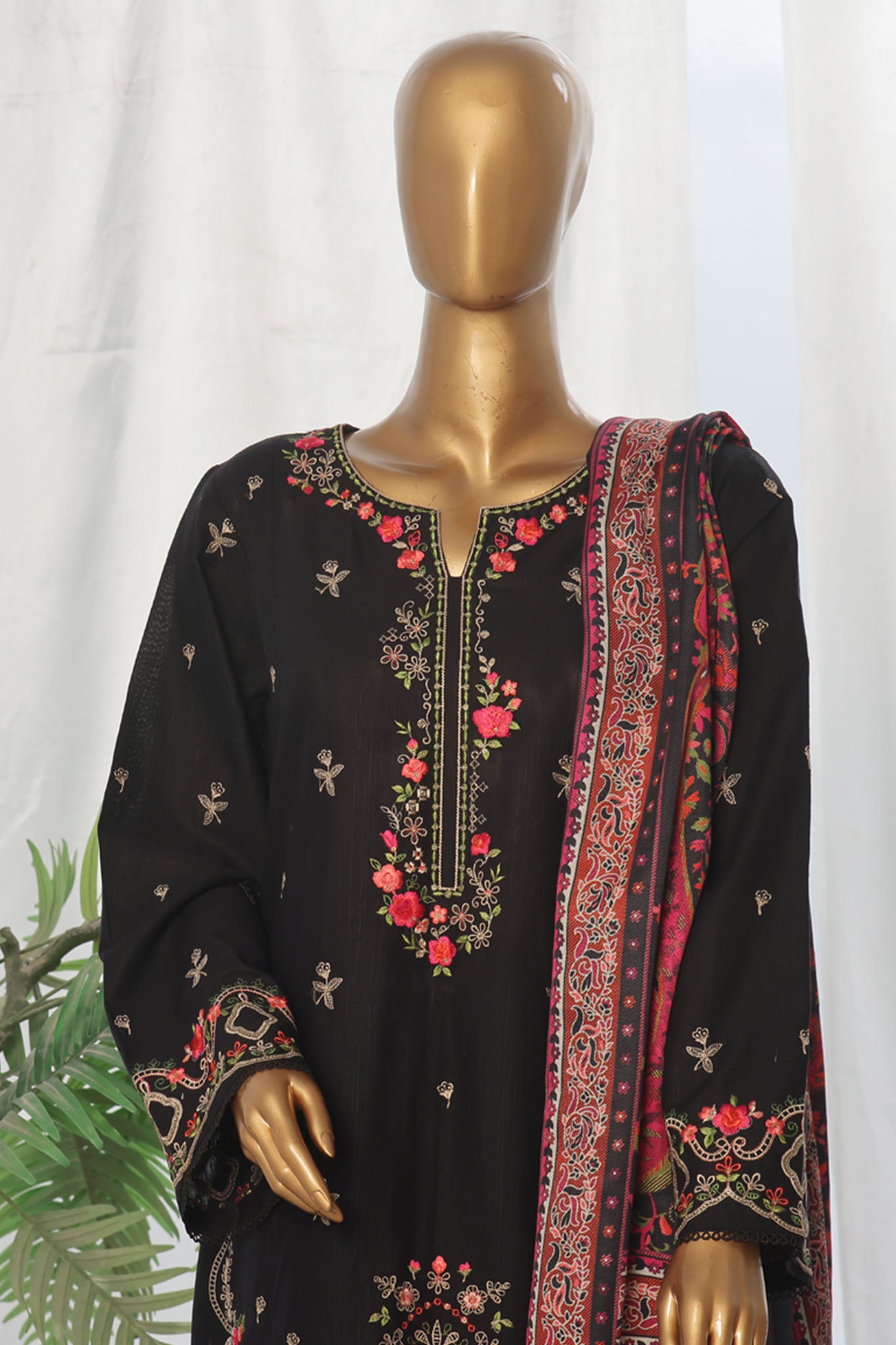 Bin Saeed Stitched 3 Piece Exclusive Slub Emb Khaddar Vol-03 Collection'2024-WKK-1282-Black