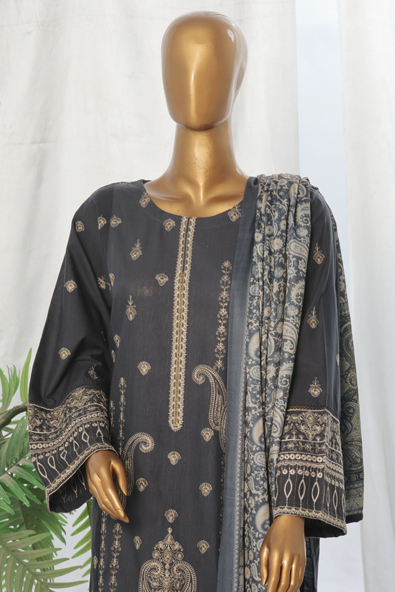 Bin Saeed Stitched 3 Piece Exclusive Slub Emb Khaddar Vol-03 Collection'2024-WKK-1285-Grey