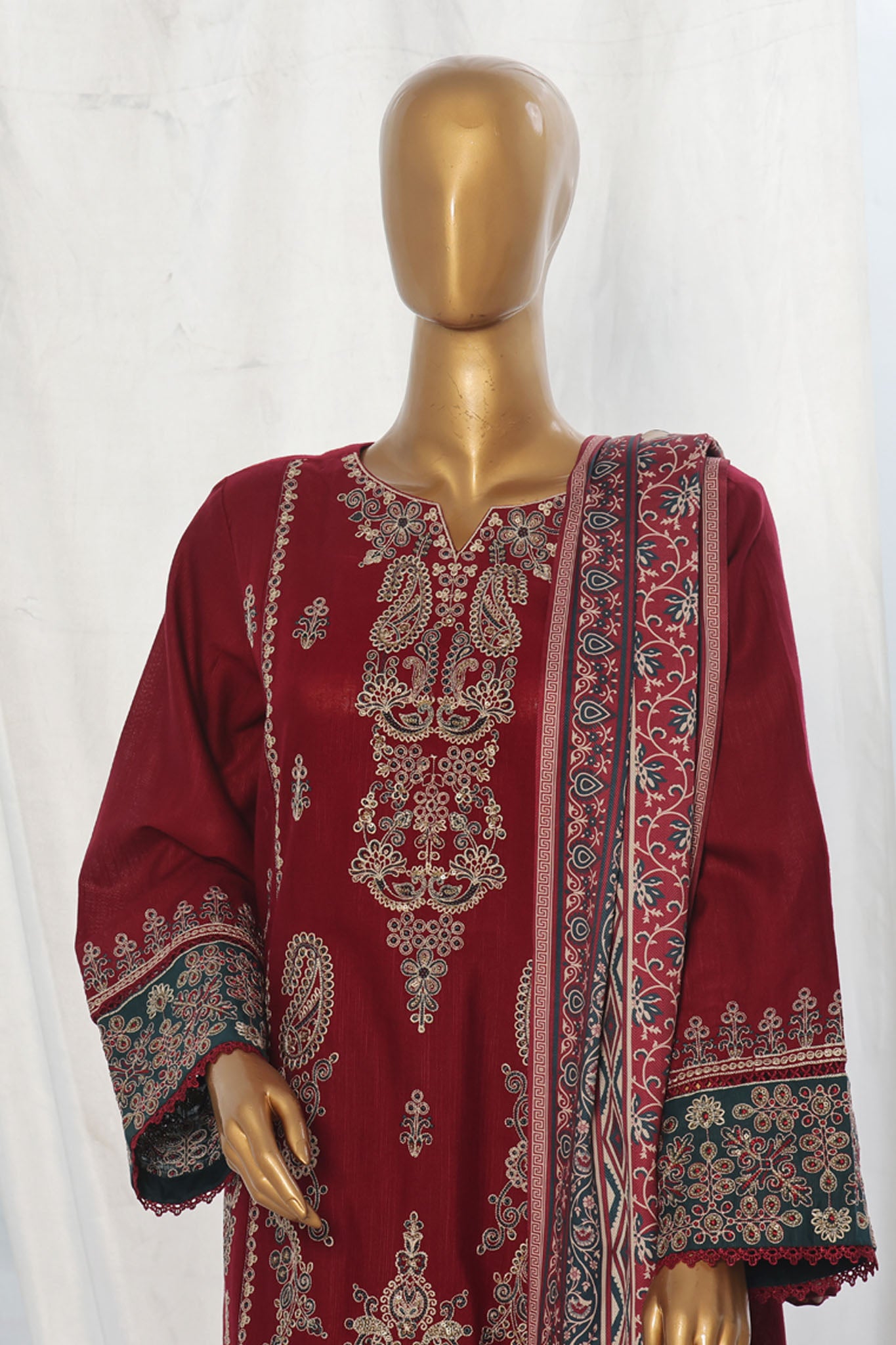 Bin Saeed Stitched 3 Piece Exclusive Slub Emb Khaddar Vol-03 Collection'2024-WKK-1286-Maroon