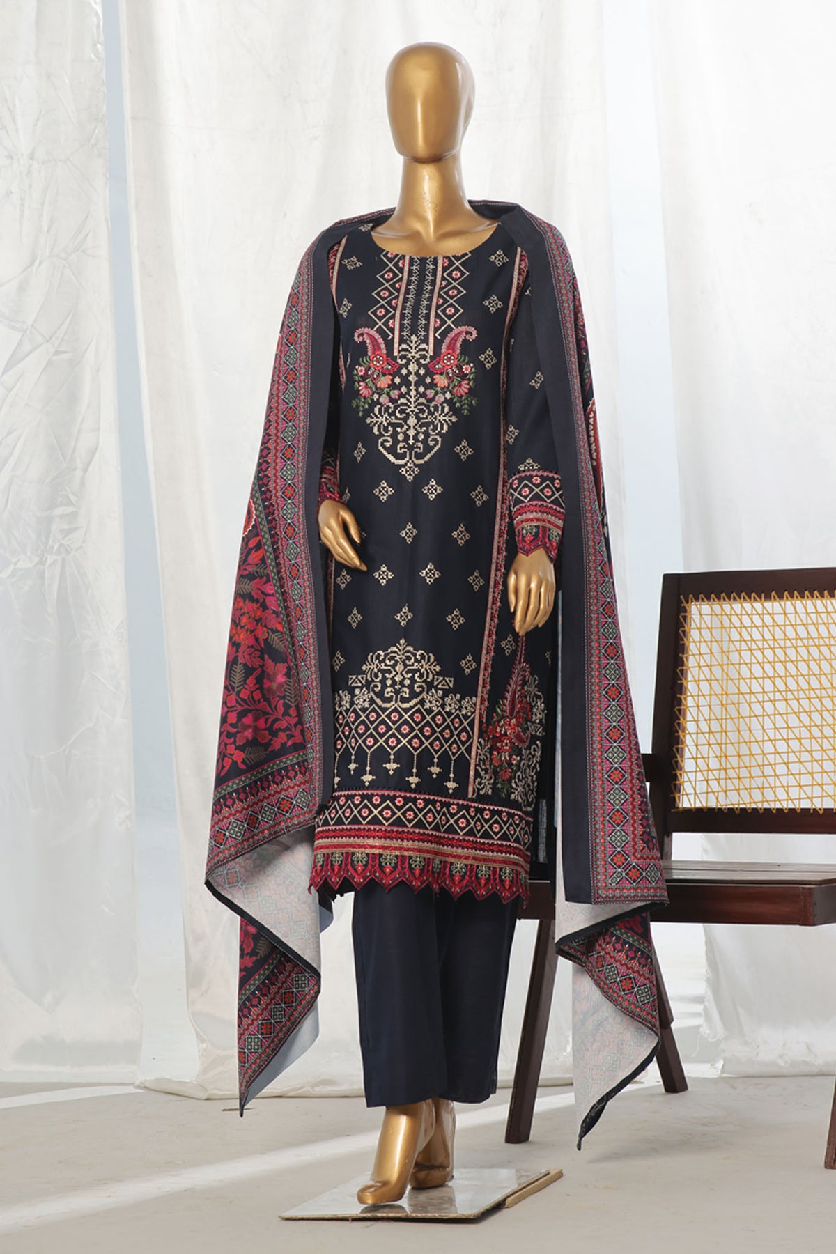 Bin Saeed Stitched 3 Piece Exclusive Slub Emb Khaddar Vol-03 Collection'2024-WKK-1287-Navy Blue