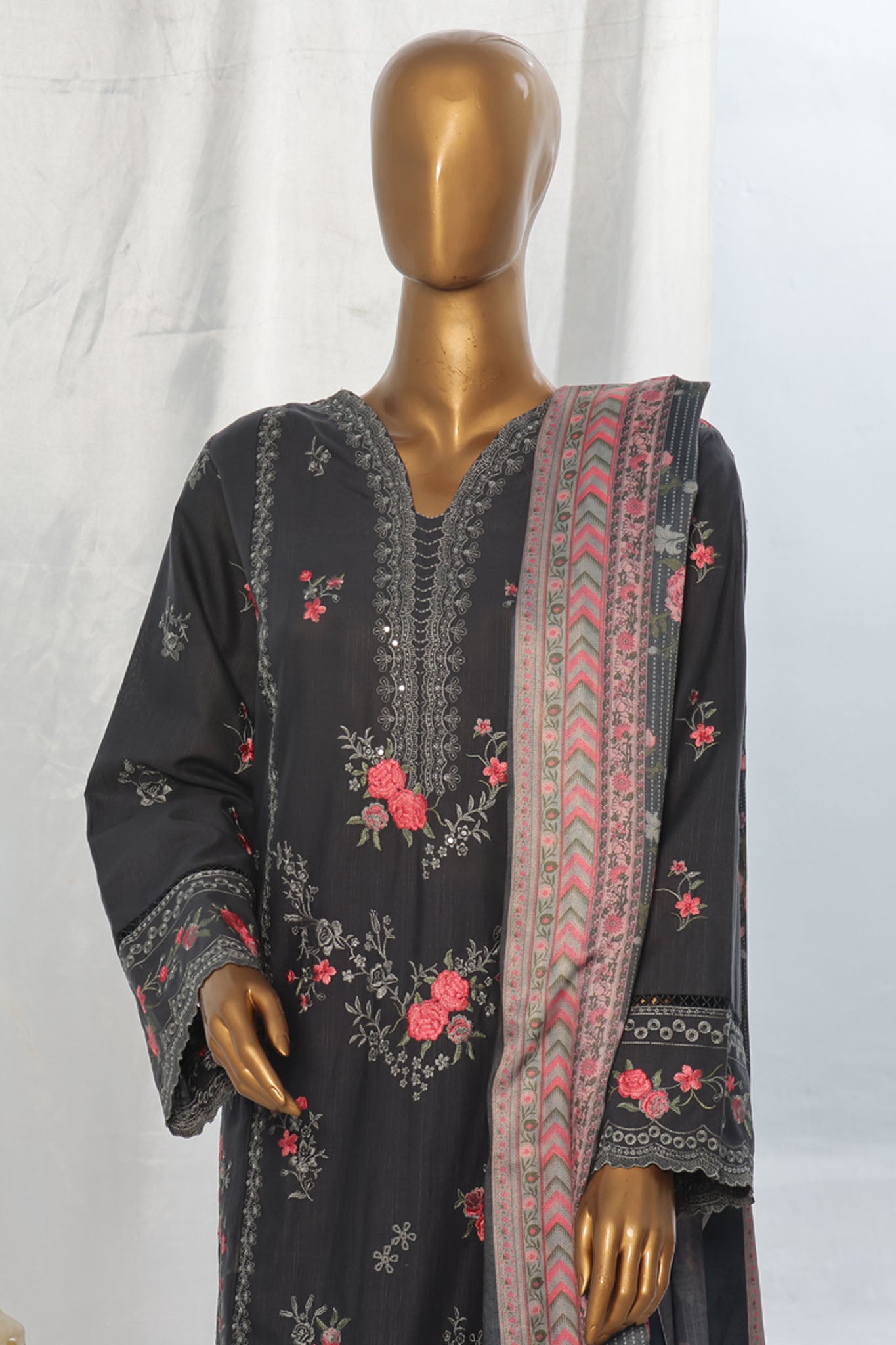 Bin Saeed Stitched 3 Piece Exclusive Slub Emb Khaddar Vol-03 Collection'2024-WKK-1288-Grey