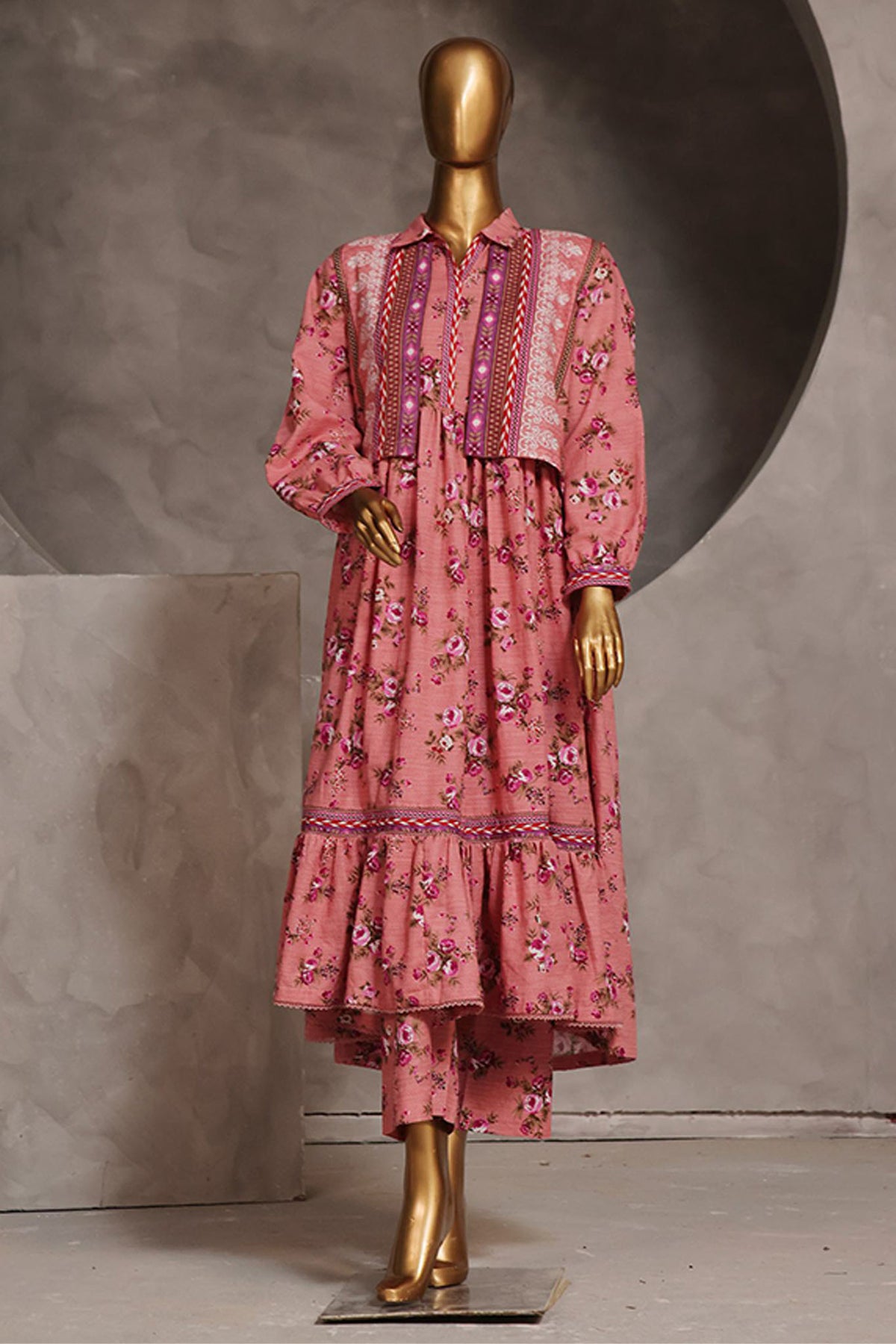 Bin Saeed Stitched 3 Piece Pret Khaddar Frock Collection'2024-WKST-1313-Peach