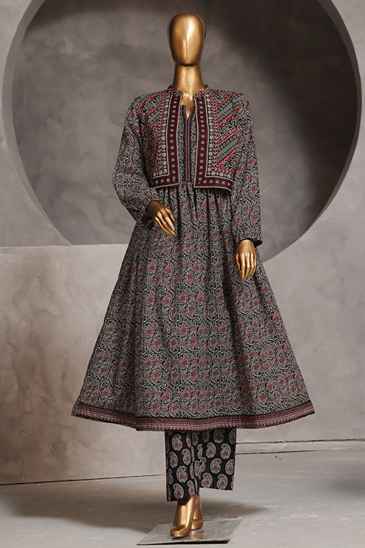 Bin Saeed Stitched 3 Piece Pret Khaddar Frock Collection'2024-WKST-1315-Black