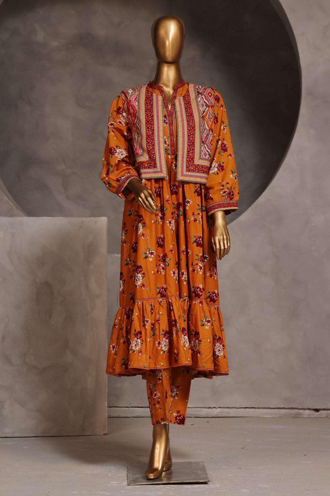 Bin Saeed Stitched 3 Piece Pret Khaddar Frock Collection'2024-WKST-1316-Orange