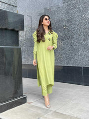 Manahils Stitched Lemon Green Puffy Sleeves Raw Silk