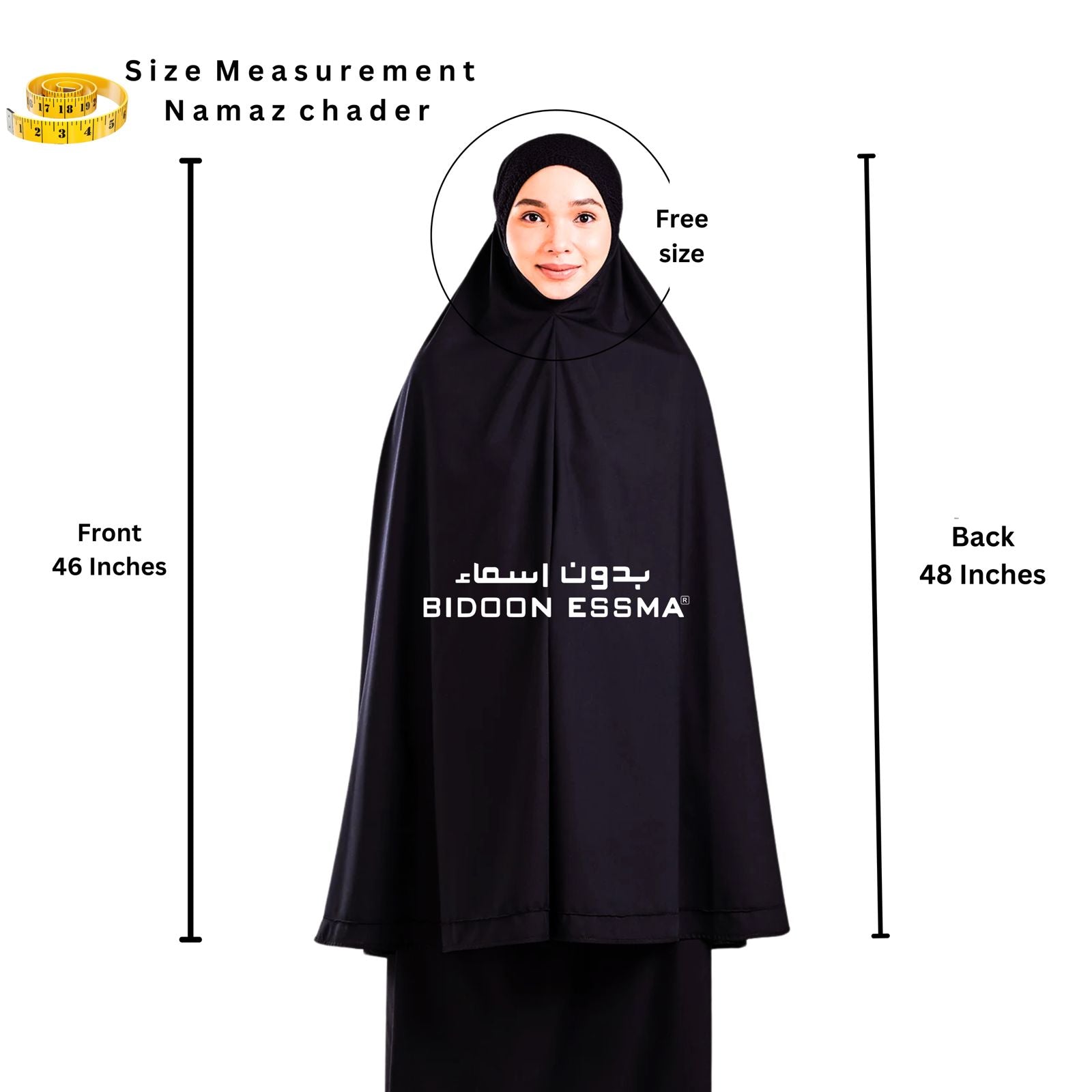 Bidoon Essma Namaz Chadar Luxury Soft Jet Black Imported Jersey Fabric With Bidoon Essma Brand Leather Patch Logo With Gift Box