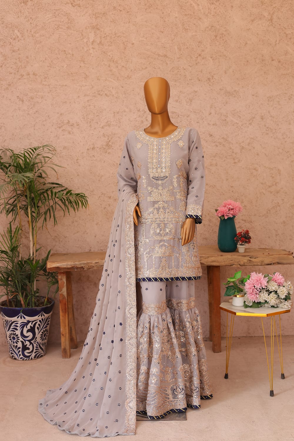 Saira Sultana Stitched 3 Piece Formals Collection-Maah Paara - Pastel Grey