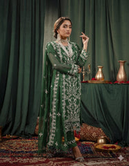 Umer Aayan 03-Piece Embroidered  Dark Green Chiffon Suit