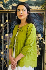 Urban Cut Green Cotton Tie-Up Shirt | Scalloped  Hem-C0235