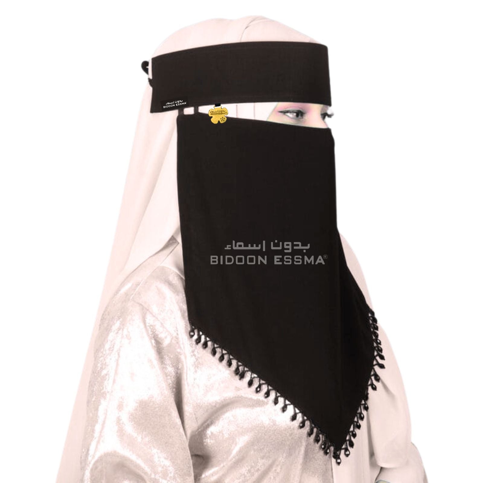 Bidoon Essma Naqab With Beads Work V Shape 7X12 Slanted Elastic