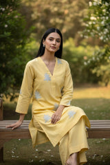 Amna Ali Nawaz Stitched Co Ord Suit-Self Emb Fusion Set-Butter Yellow