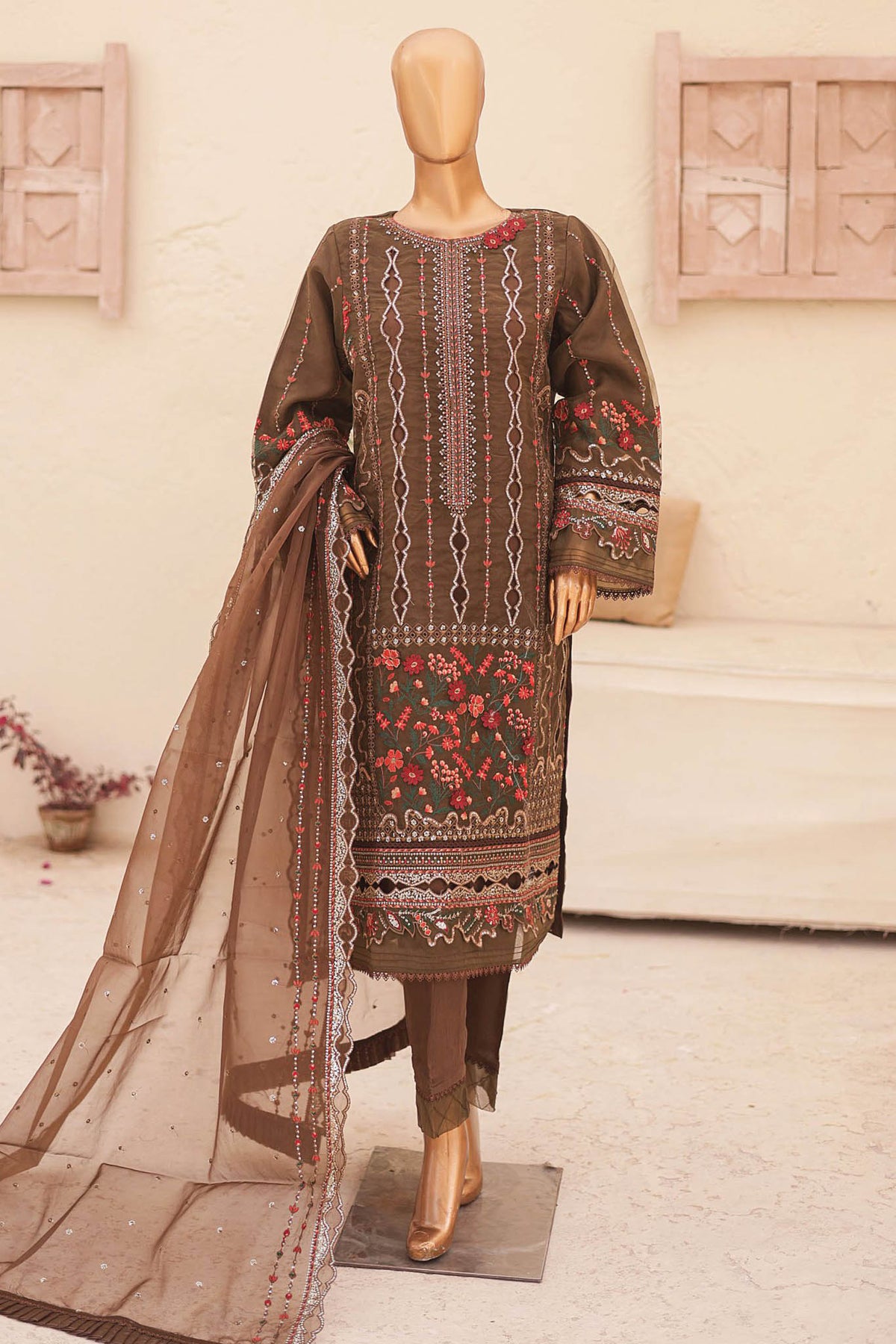 Bin Saeed Stitched 3 Piece Emb Fancy Festive Ramadan Collection'2024-ZEF-479-Brown