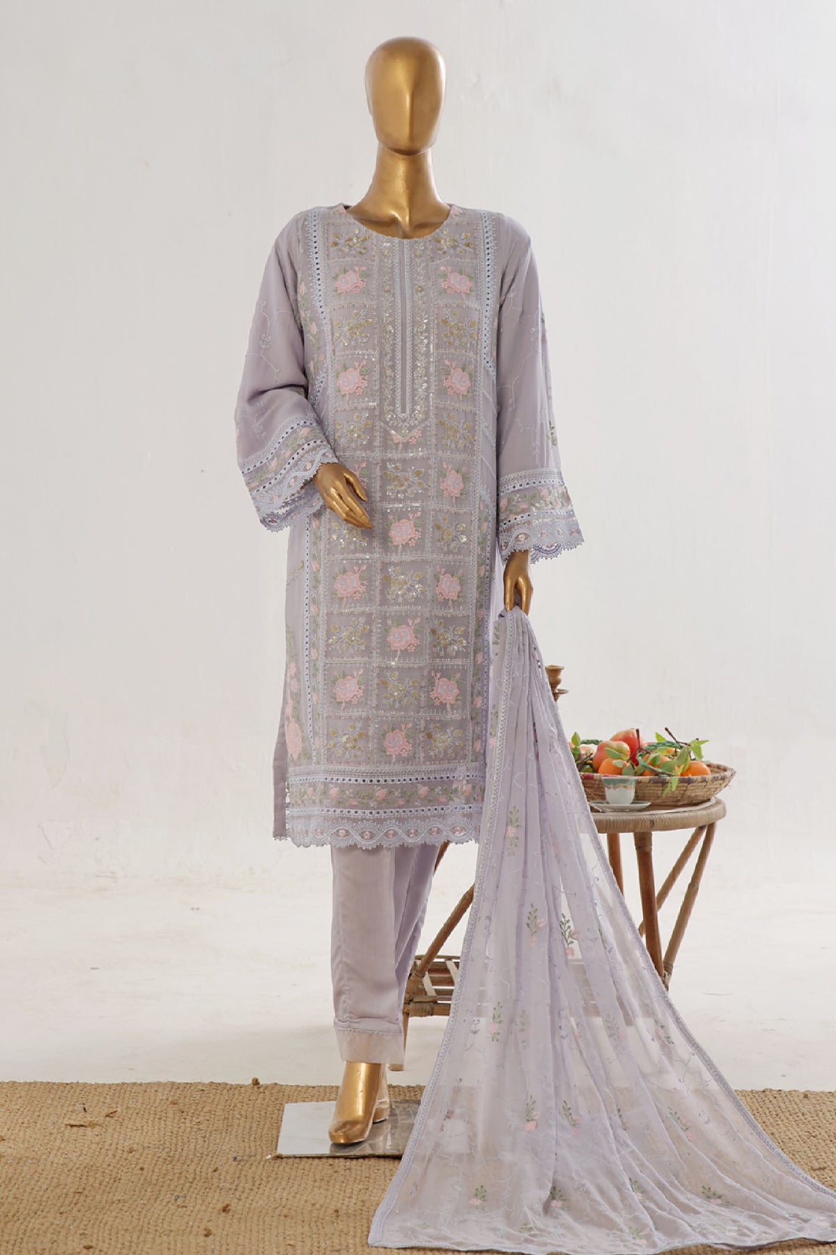 Bin Saeed Stitched 3 Piece Luxury Emb Chiffon Collection'2025-ZEFC-1555-Lilac