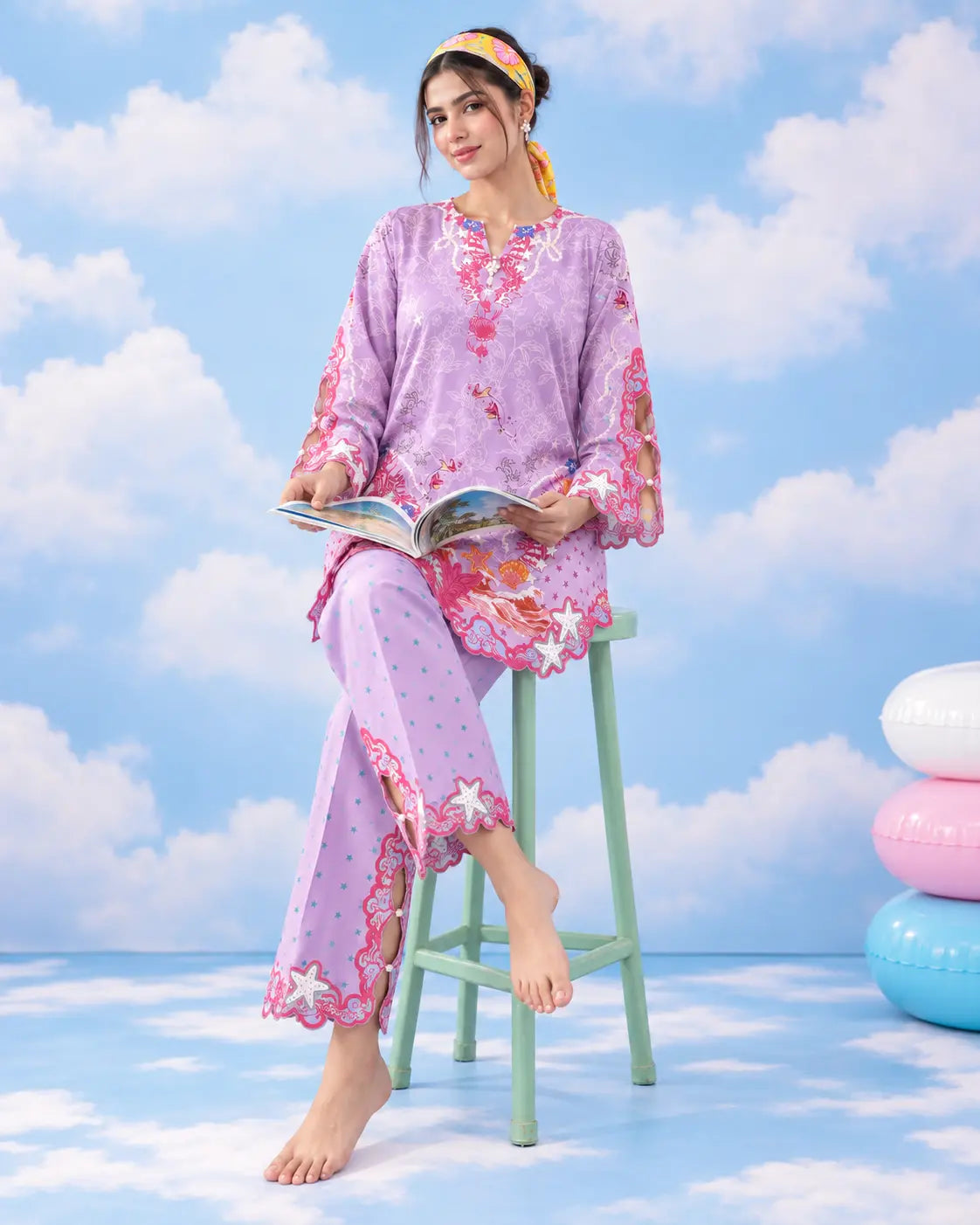 Aveline lilac marine-print co-ord seated editorial view