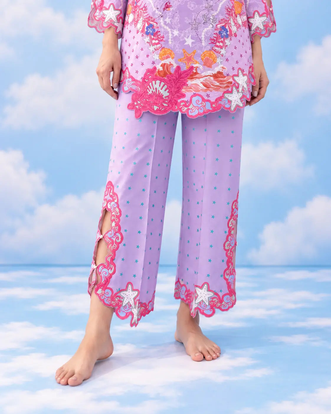 Aveline ocean-print hem and starfish trouser detail