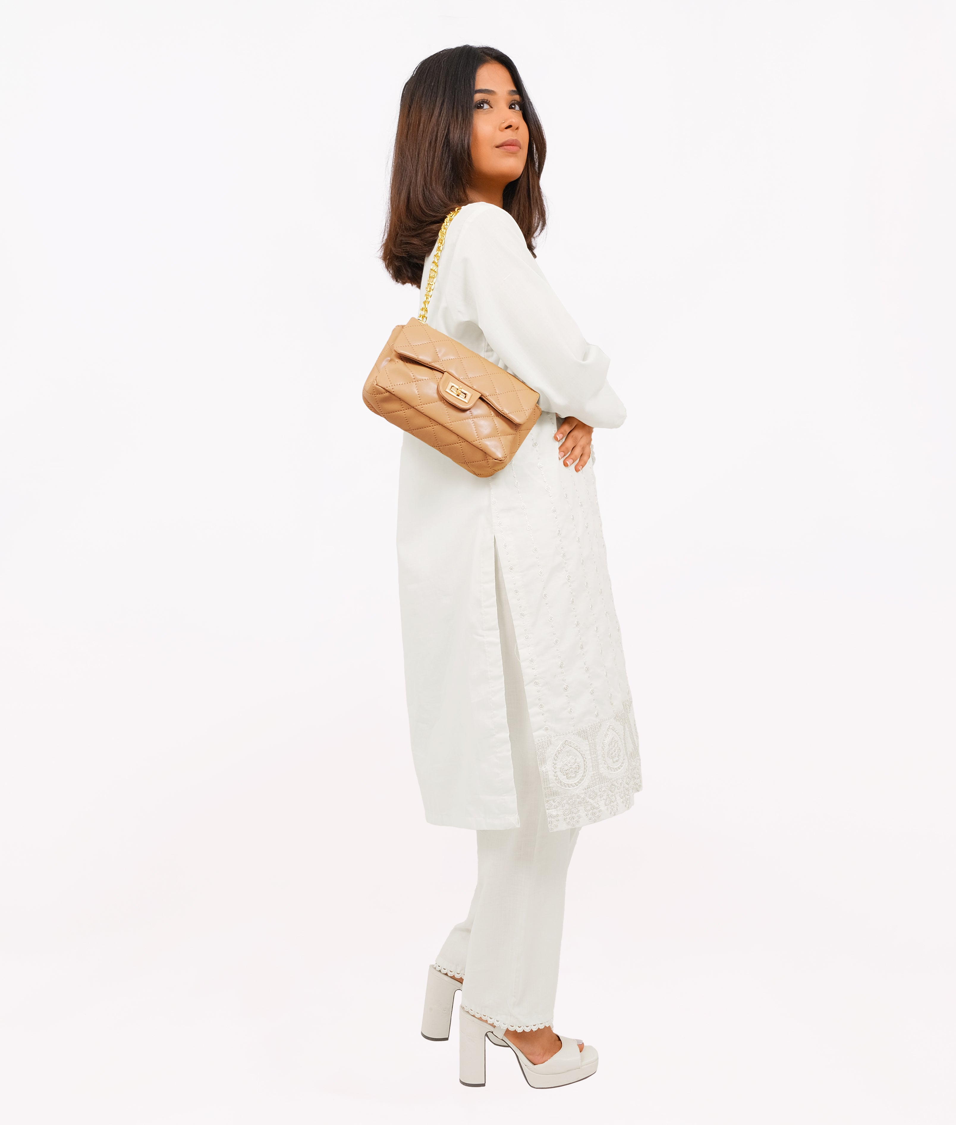 RTW Creation - Beige quilted mini bag with chain