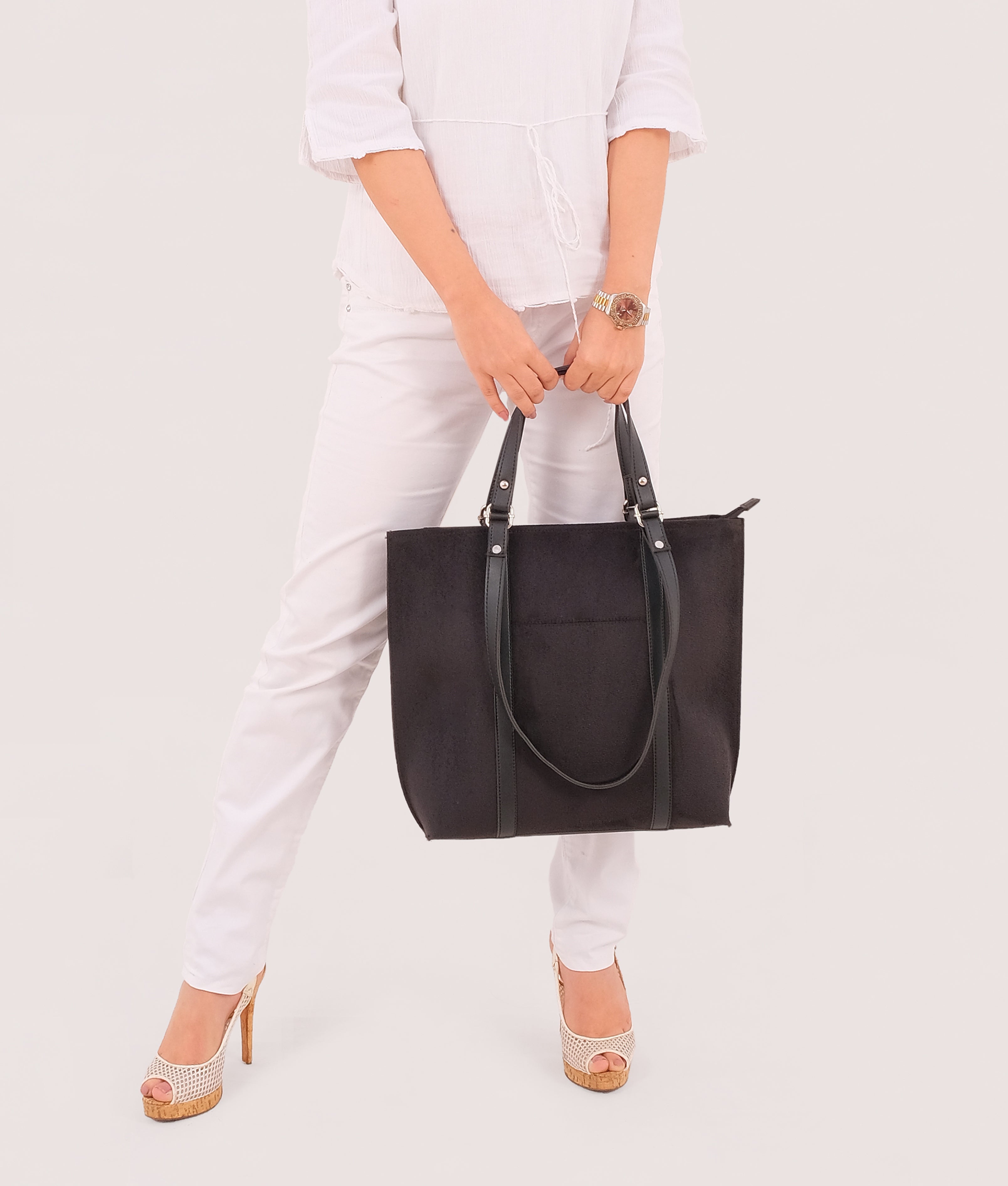 RTW Creation - Black suede double-handle tote bag