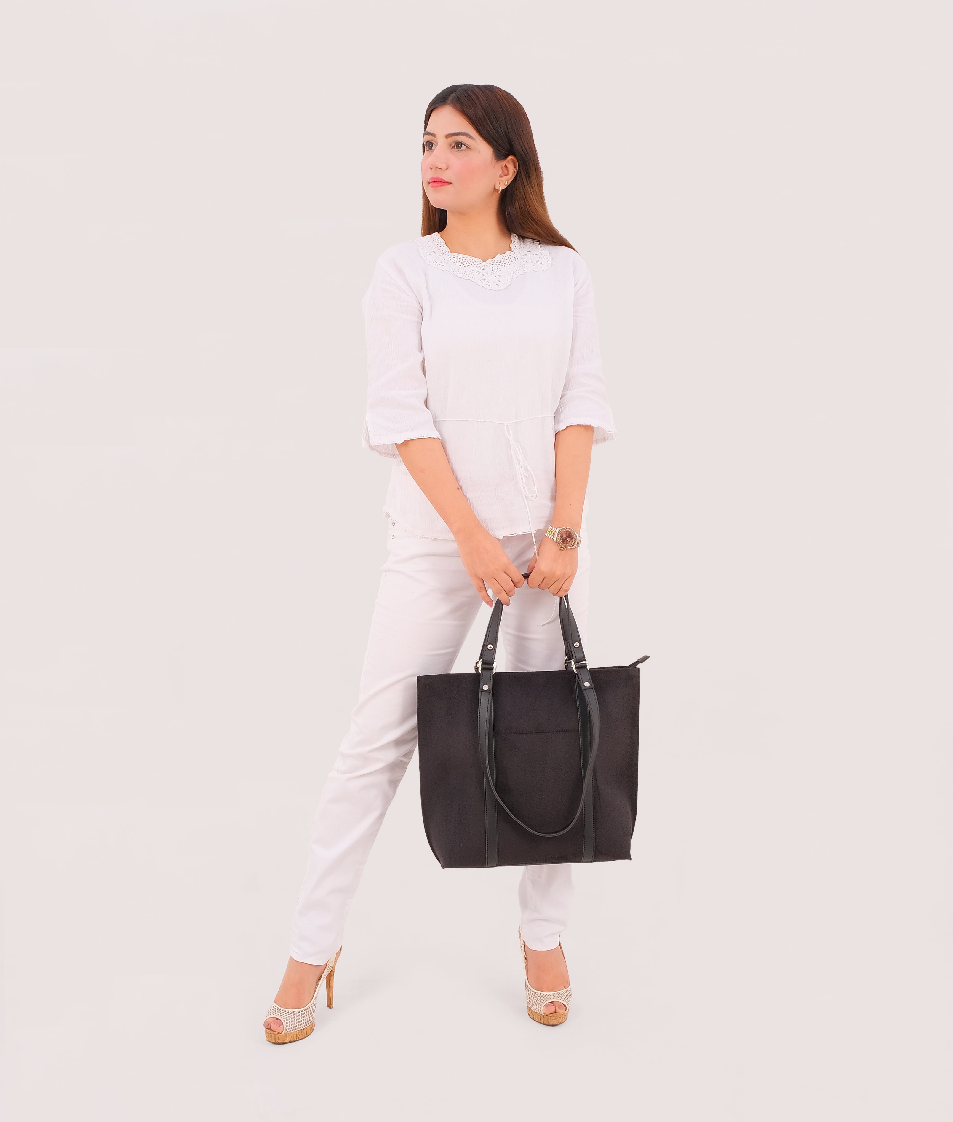 RTW Creation - Black suede double-handle tote bag