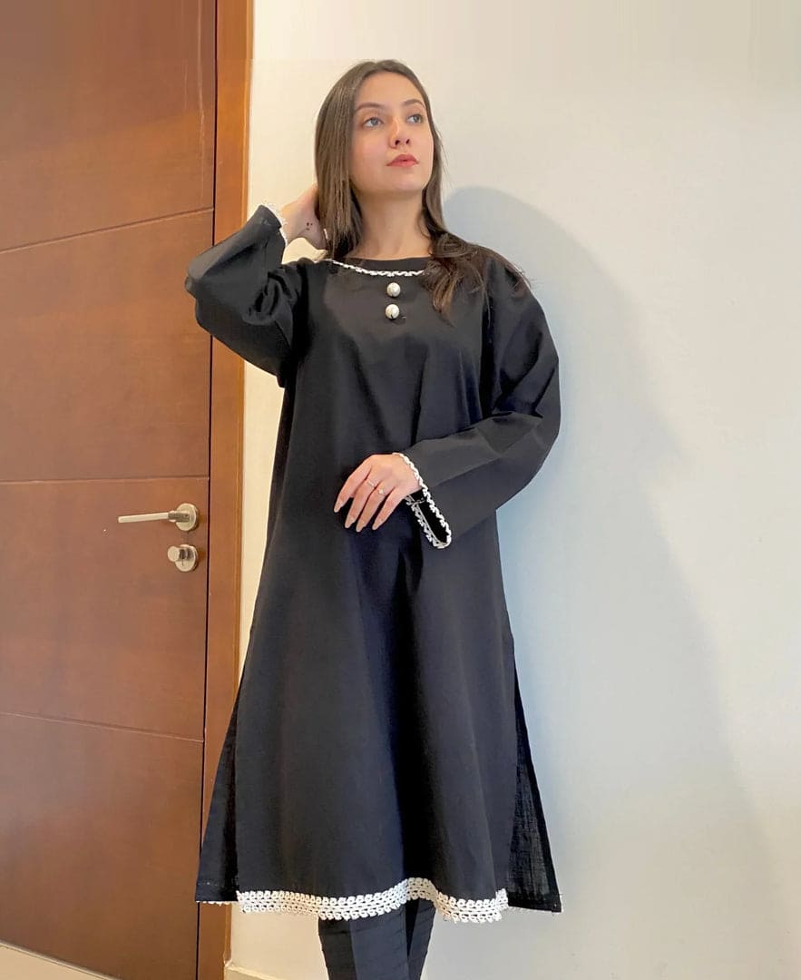 Urban Cut Elegant Jet Black Cotton Embellished Shirt 1 Piece