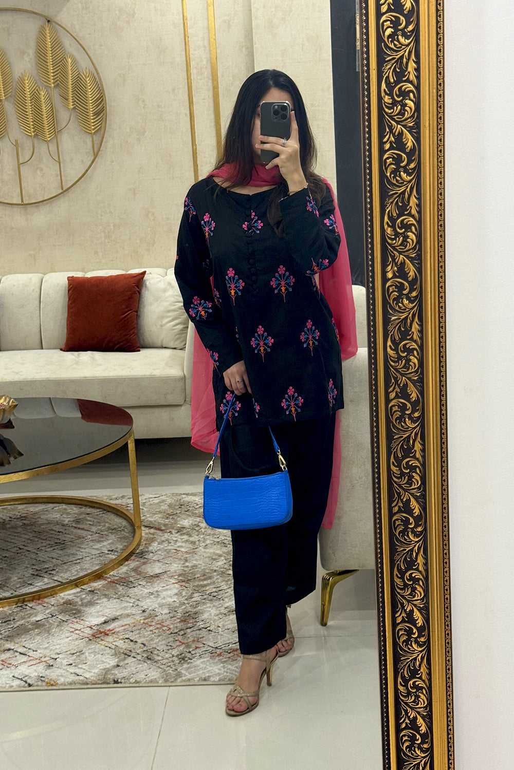 Aqs N Man Stitched 3 Piece Cotton Collection-Midnight Blossom - AM-015