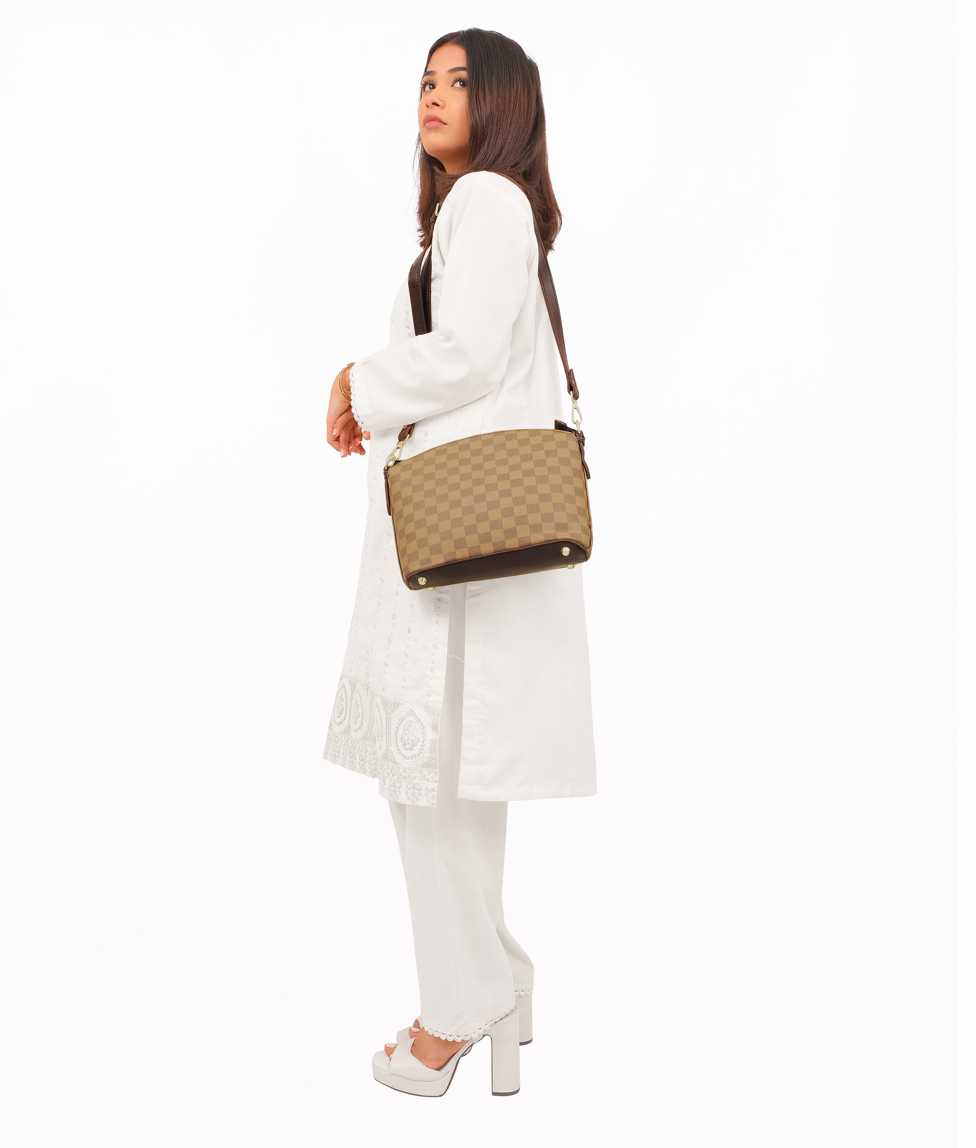 RTW Creation - Brown checkered dome cross-body bag