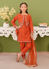 Modest Stitched 3 Piece Winter Edit Kids Suit-Girls Brown Embroidered Khaddar Suit
