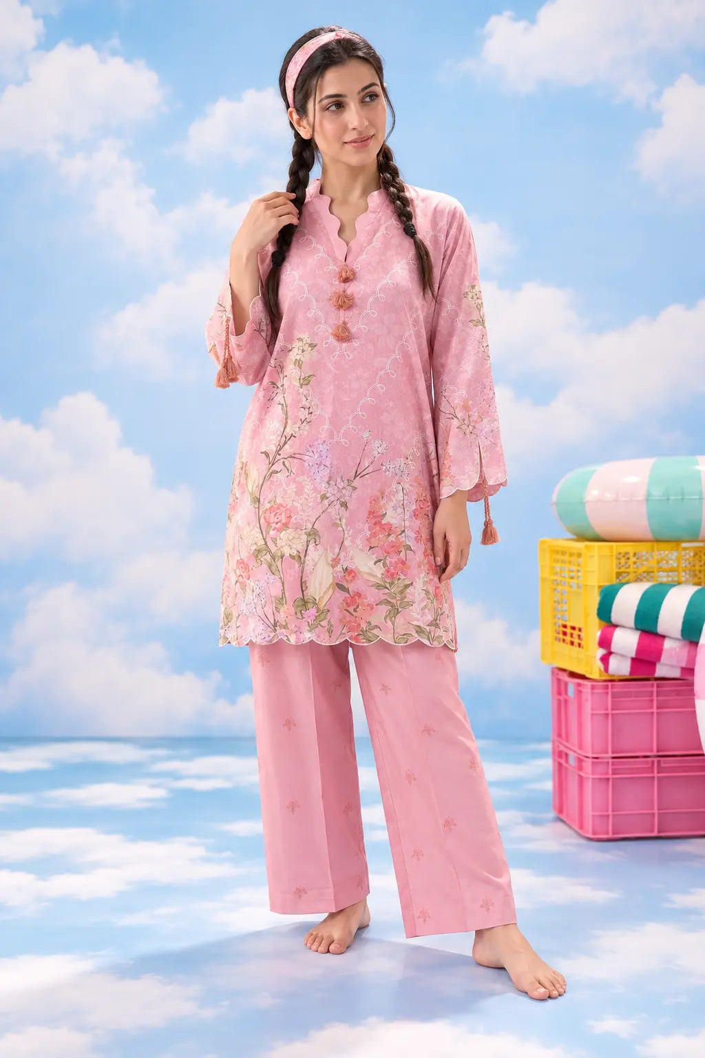 Clean Girl pink floral lawn co-ord – three-quarter view