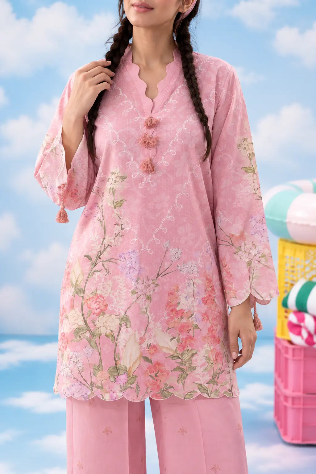 Clean Girl co-ord – scalloped neckline, embroidery and tassel details