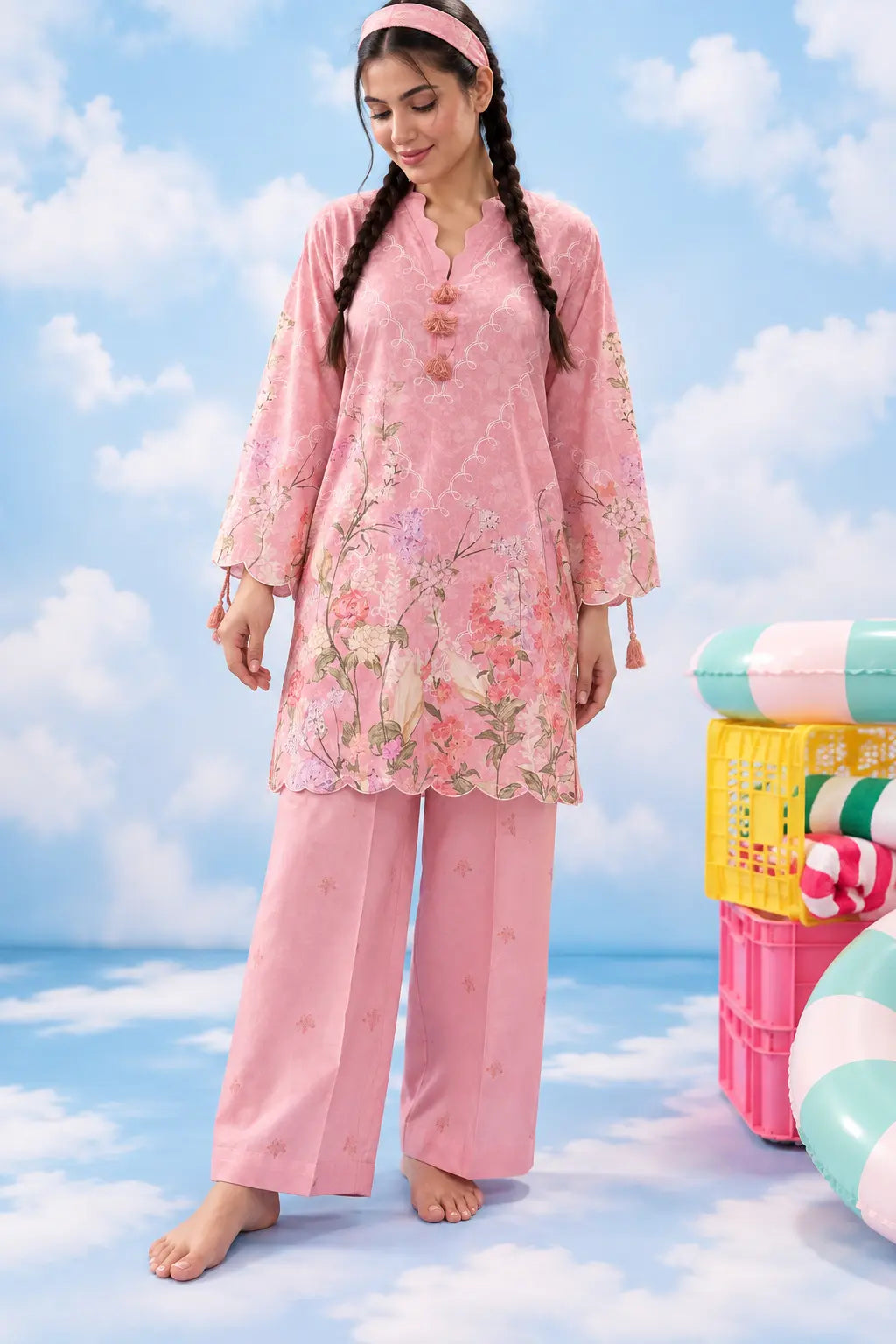 Clean Girl co-ord – floral hem and wide-leg trouser details