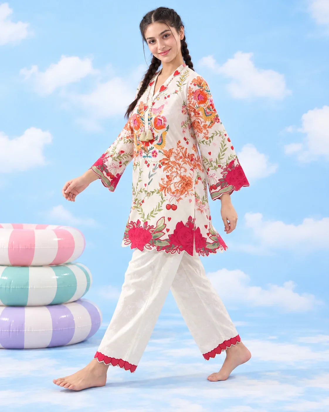 Cupid ivory floral two-piece co-ord walking pose