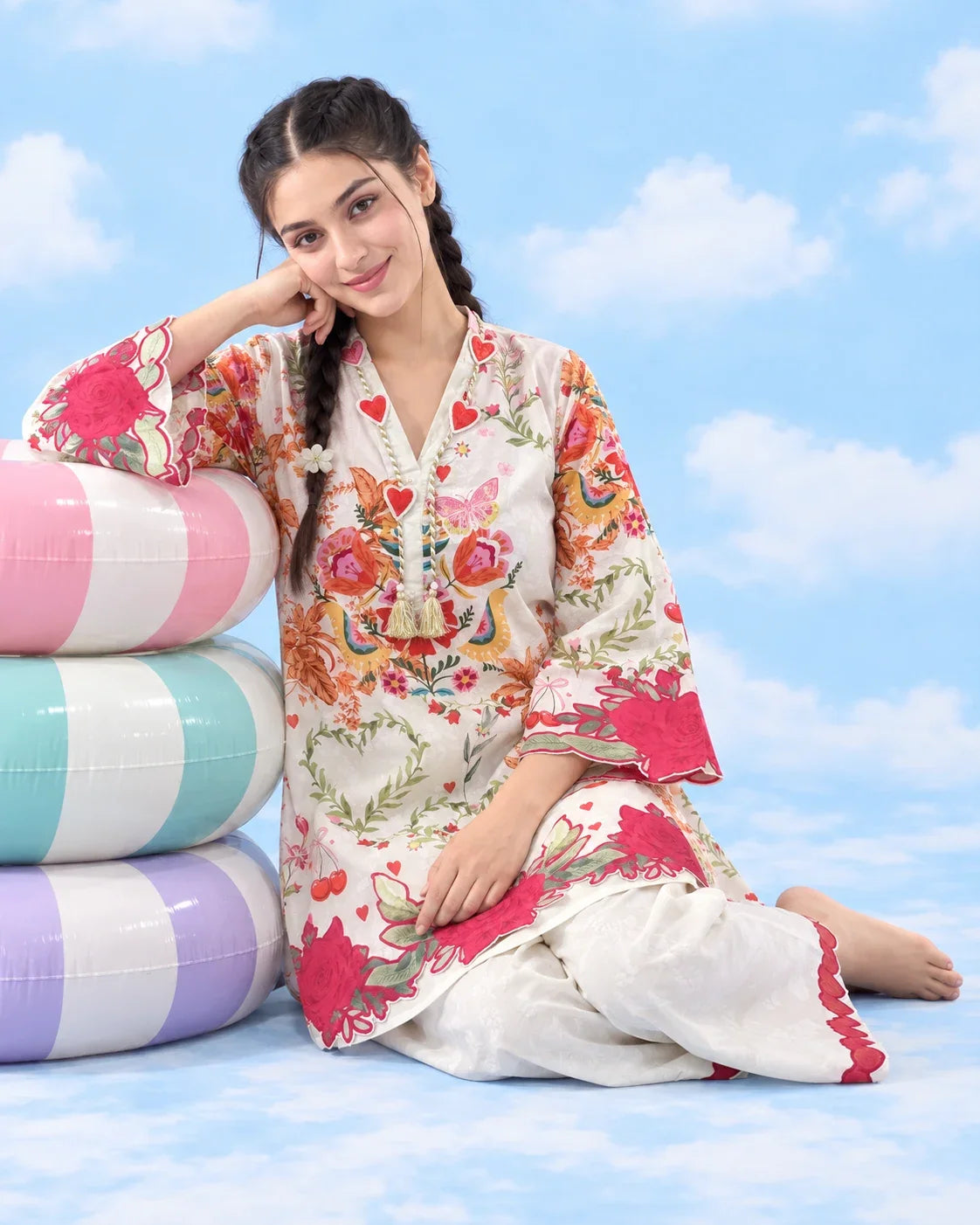Cupid heart neckline, floral hem and trouser detail