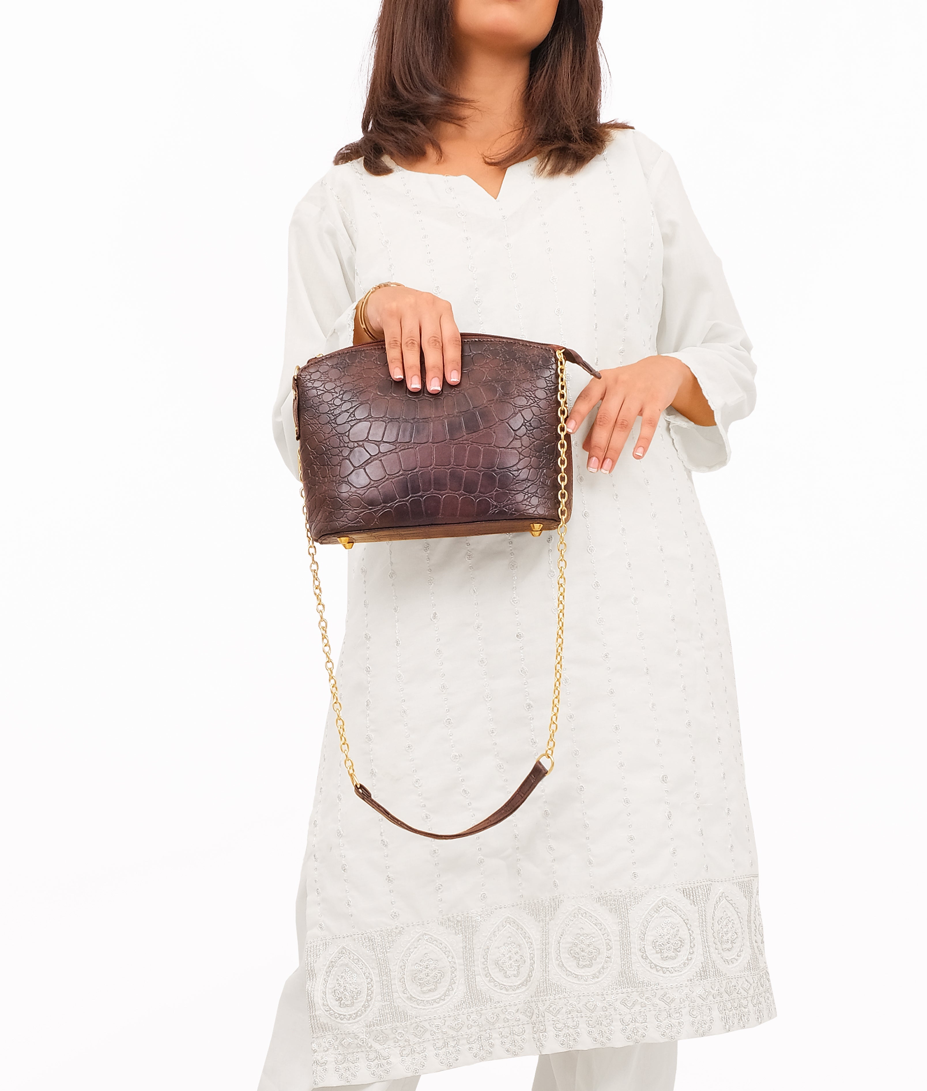 RTW Creation - Dark brown crocodile with chain strap cross-body bag
