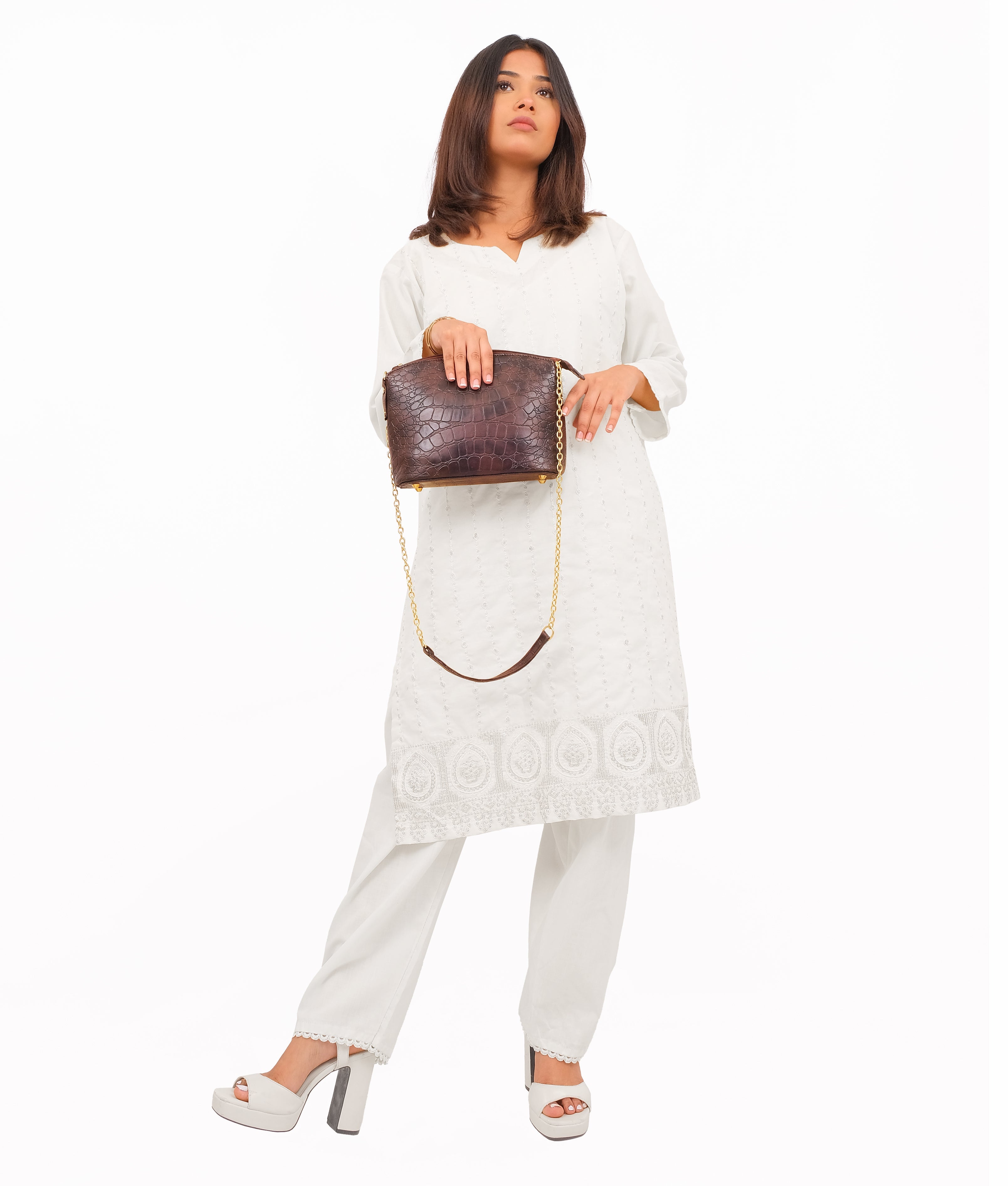 RTW Creation - Dark brown crocodile with chain strap cross-body bag