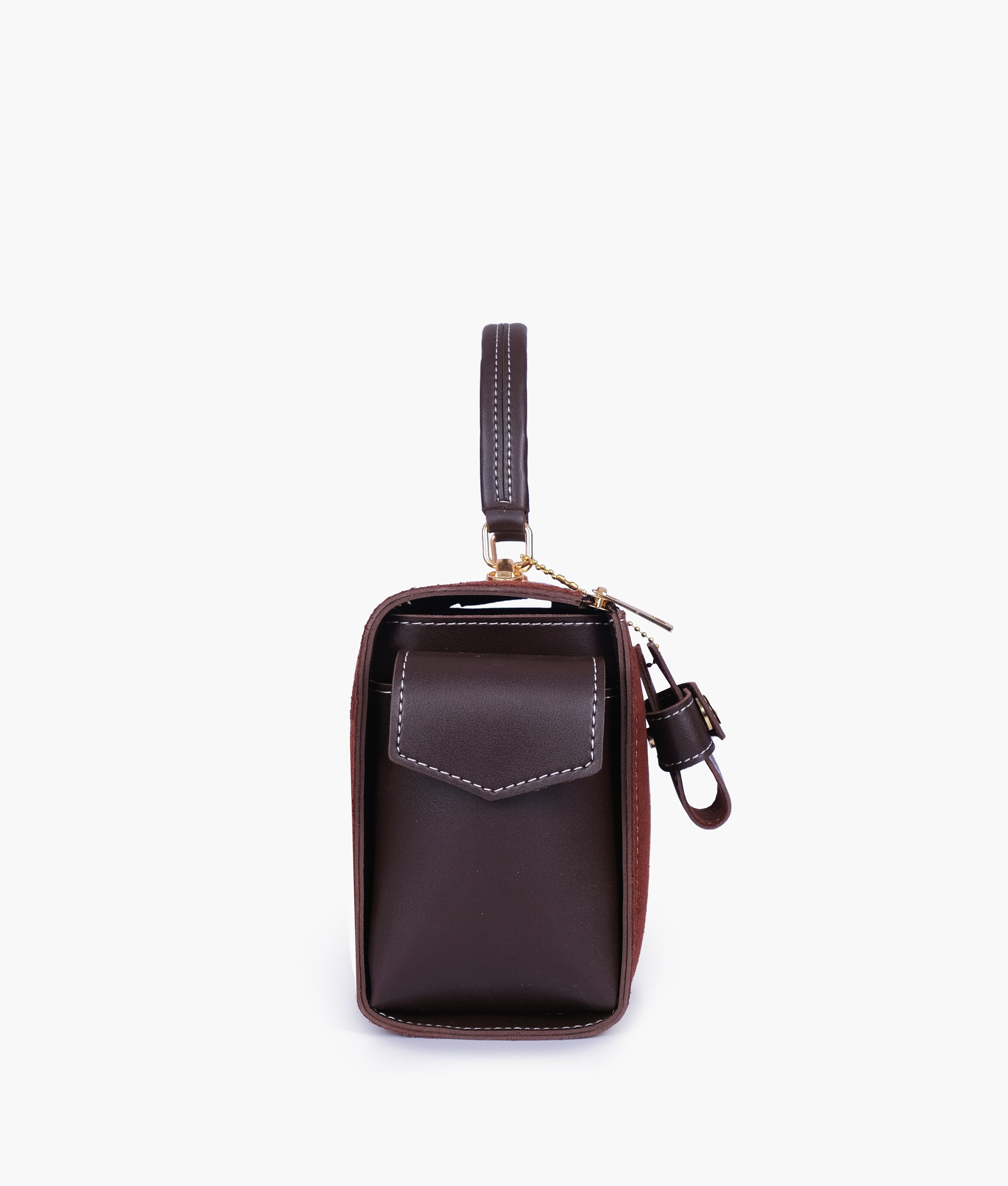 RTW Creation - Dark brown suede bowling bag with top-handle