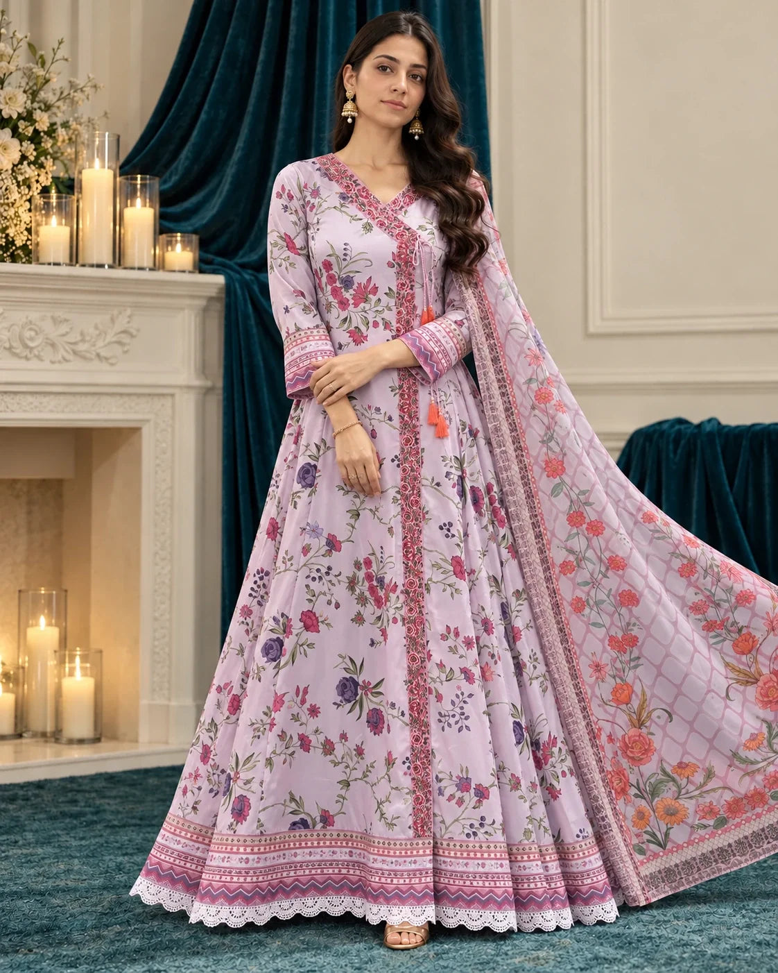 Elnaaz lilac floral angrakha with printed dupatta — full-length front