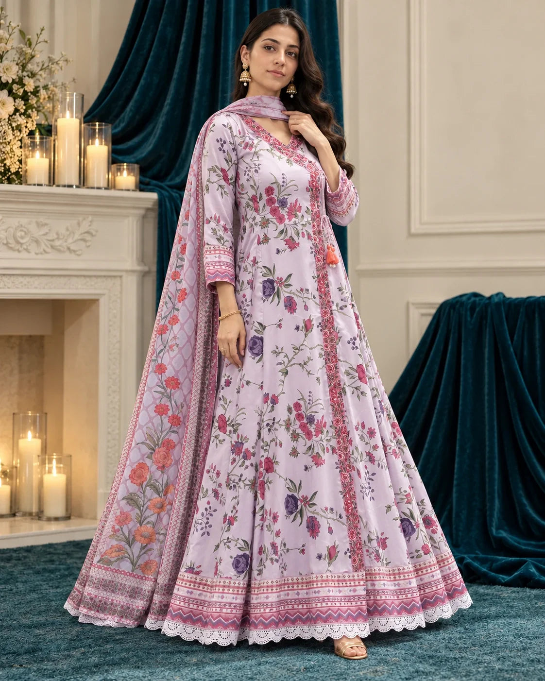 Elnaaz lilac floral angrakha with printed dupatta — side view