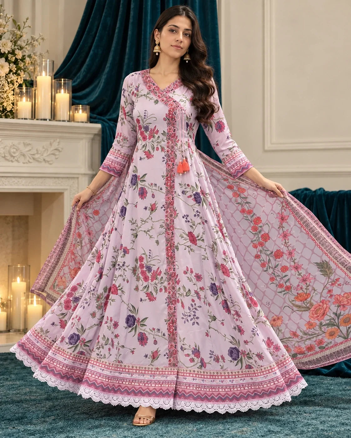 Elnaaz lilac floral angrakha with printed dupatta — turning pose with dupatta