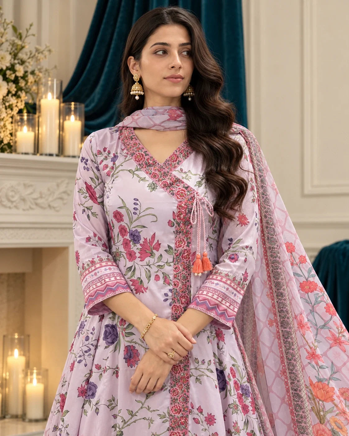 Elnaaz lilac floral angrakha with printed dupatta — neckline and cuff close-up