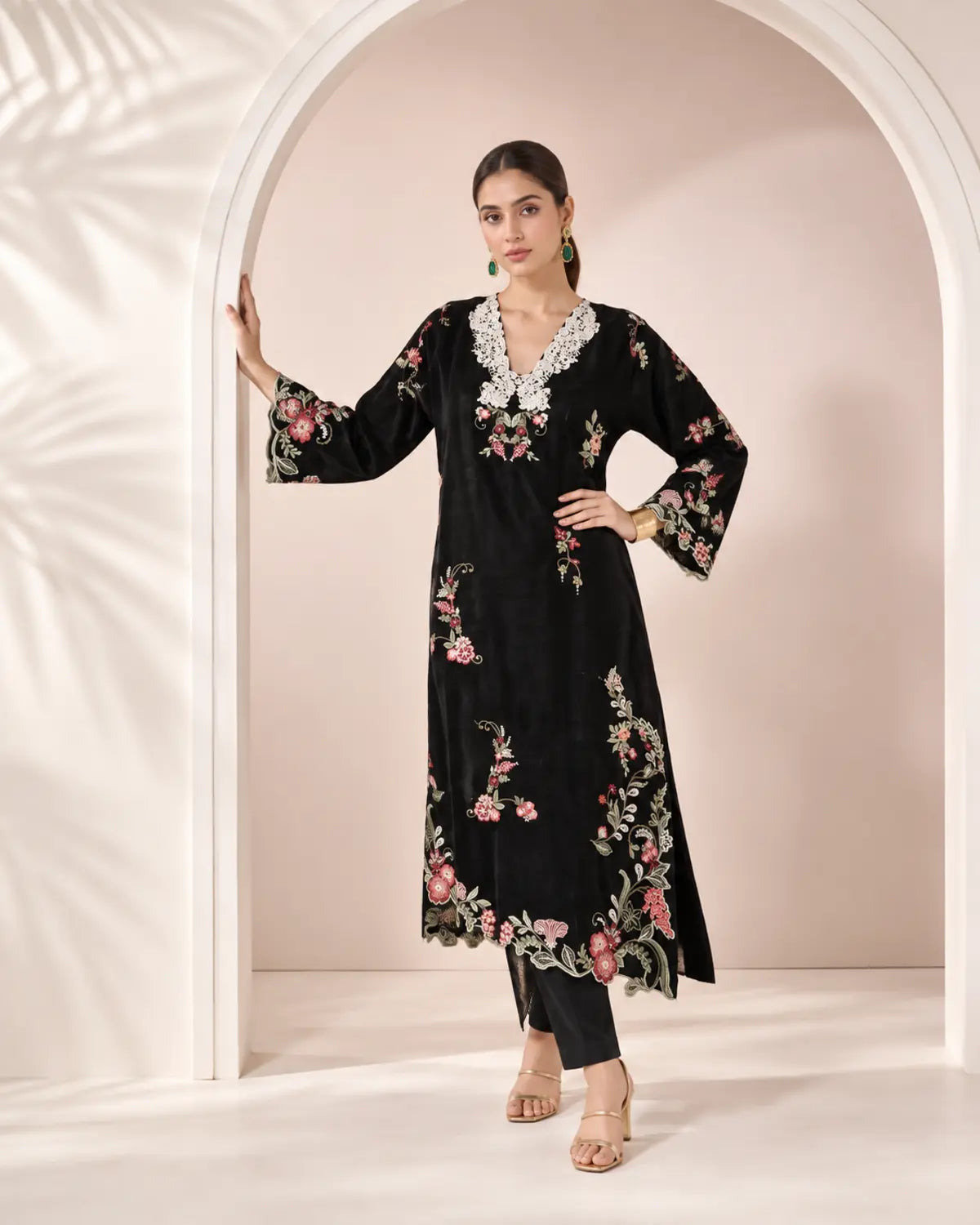Elodie embroidered black lava silk kaftan – full-length pose