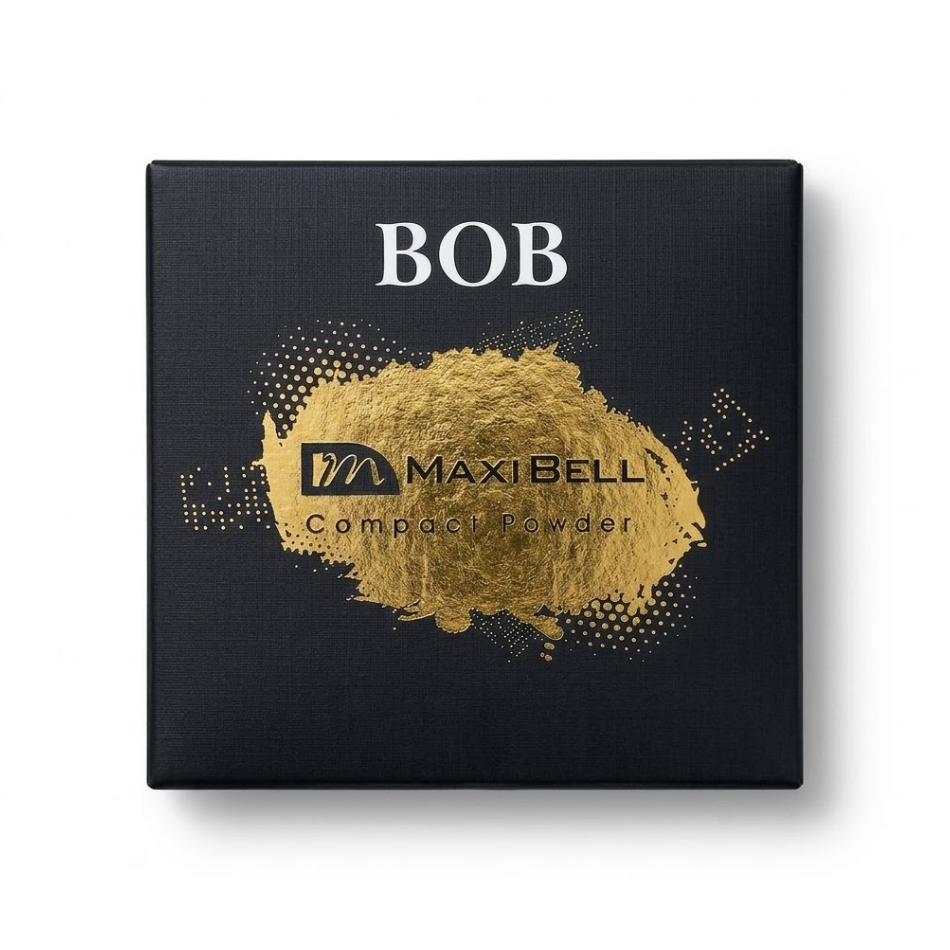 Front view of BOB Maxibell Face Compact Powder black packaging box featuring a metallic gold splash design.