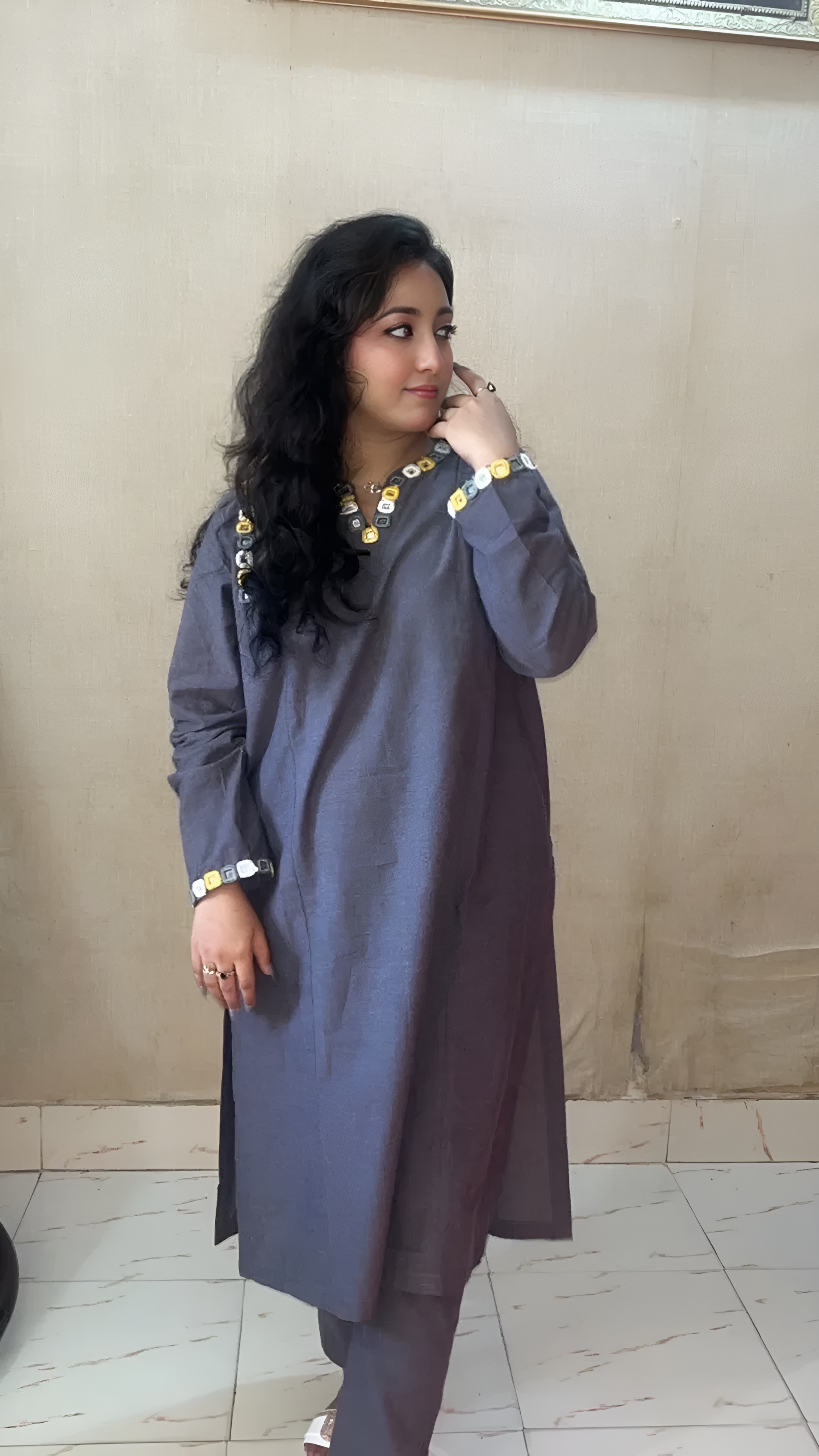 Urban Cut 2 Piece Yarn Dyed Cotton  Chambray Suit with Mirror/Anchor work