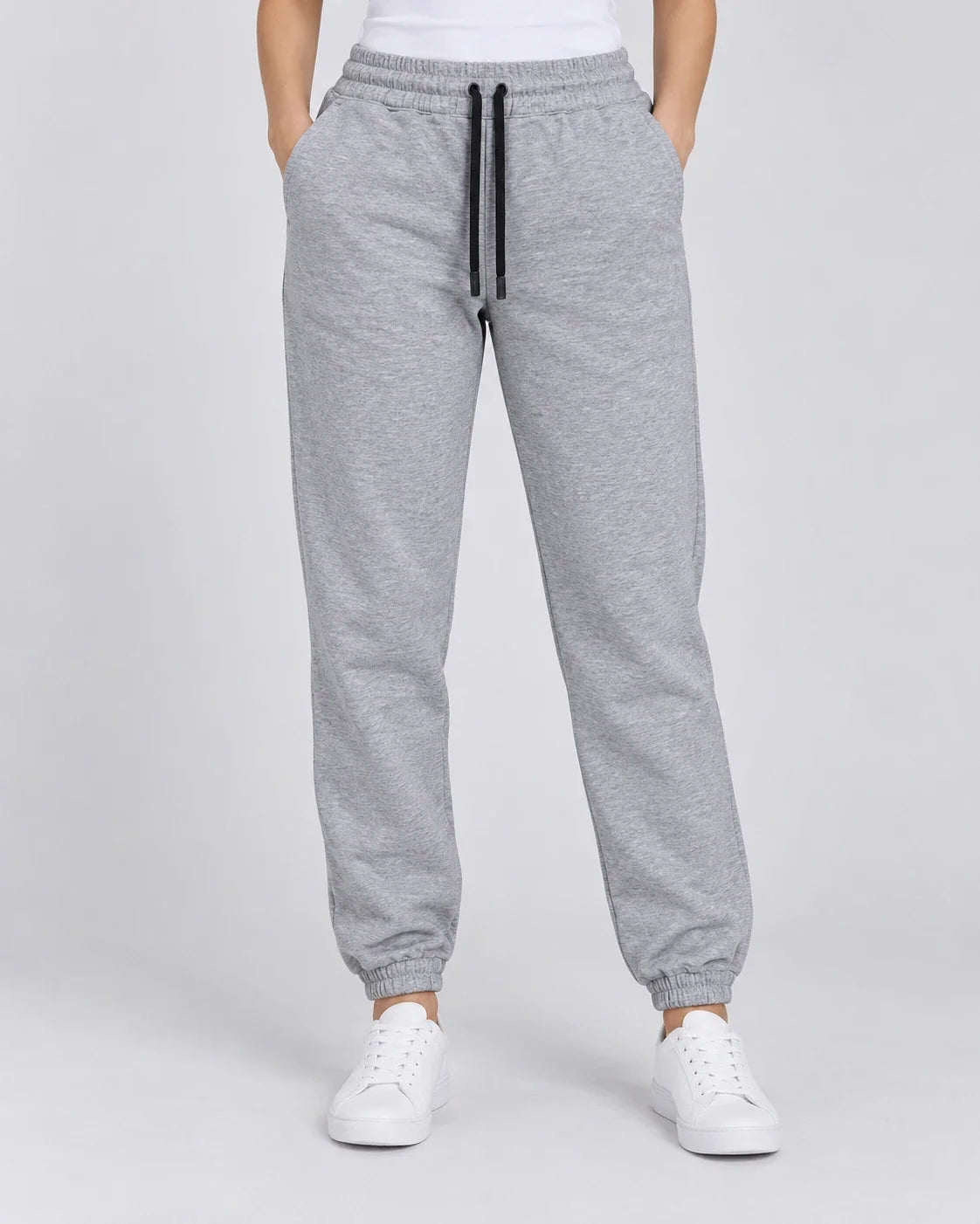 Grey Jogger Pant in heather grey with black drawstrings — studio photo 1