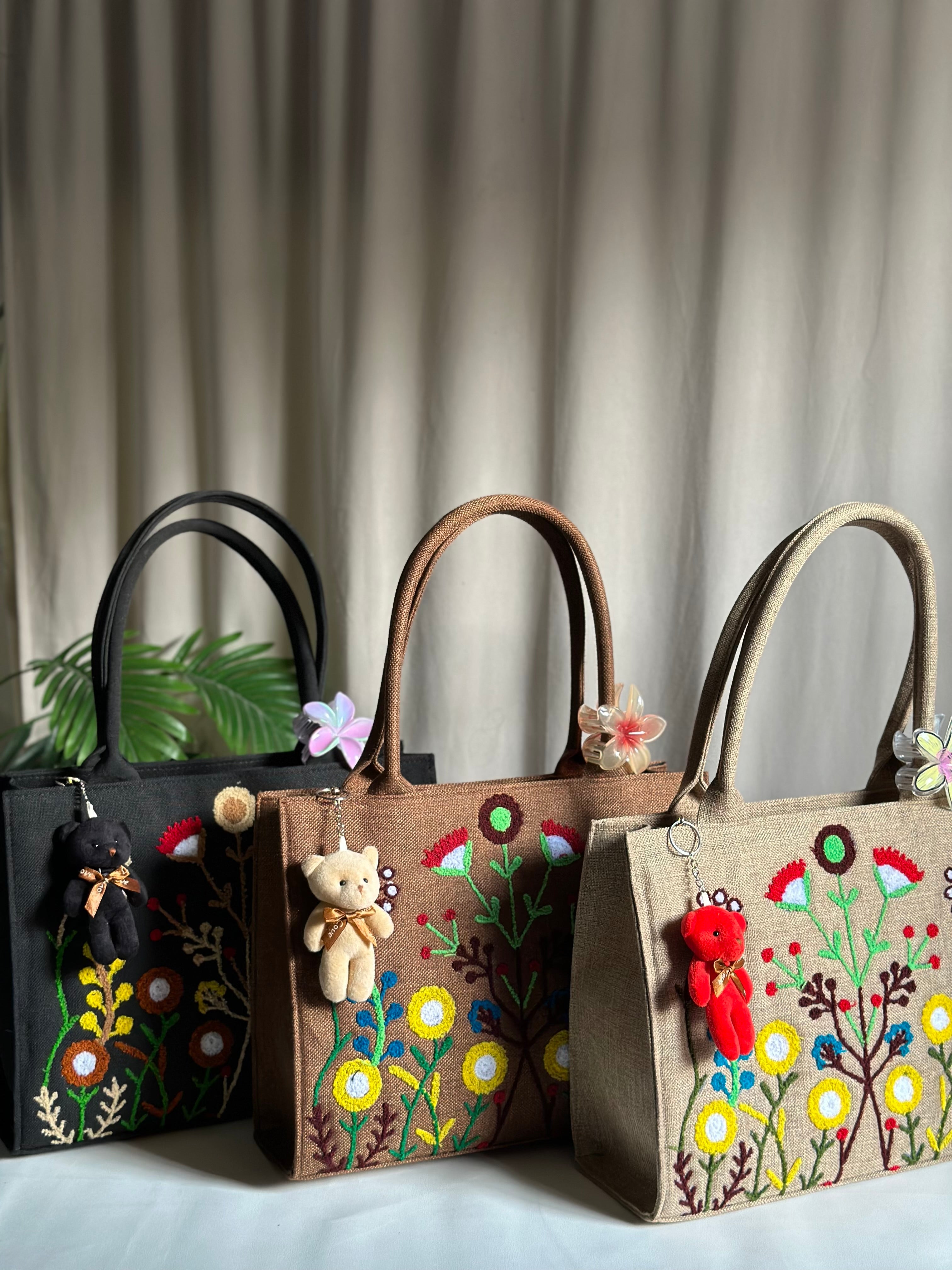 handmade embroidered jute tote bag blushwood Brown Fineur