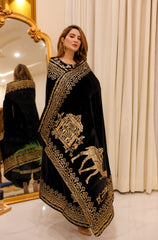 Panache Apparel Stitched Velvet Shawl Collection-Black Foil Shawl Camel