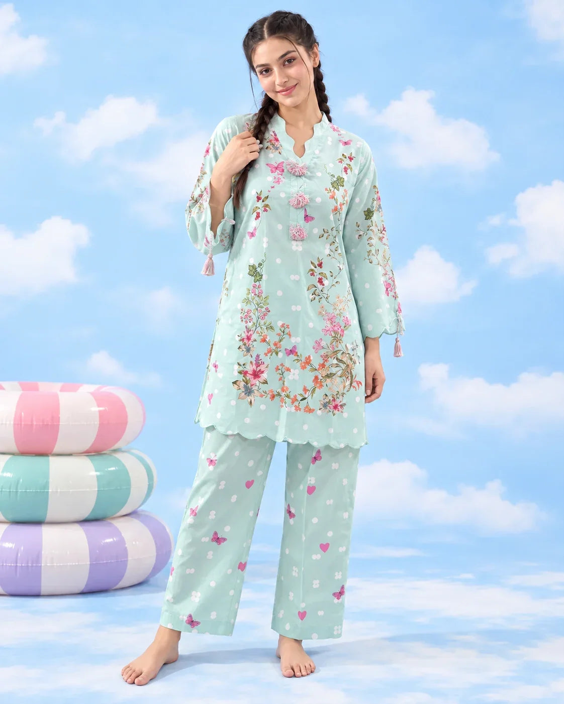 It Girl mint butterfly-print co-ord model front pose